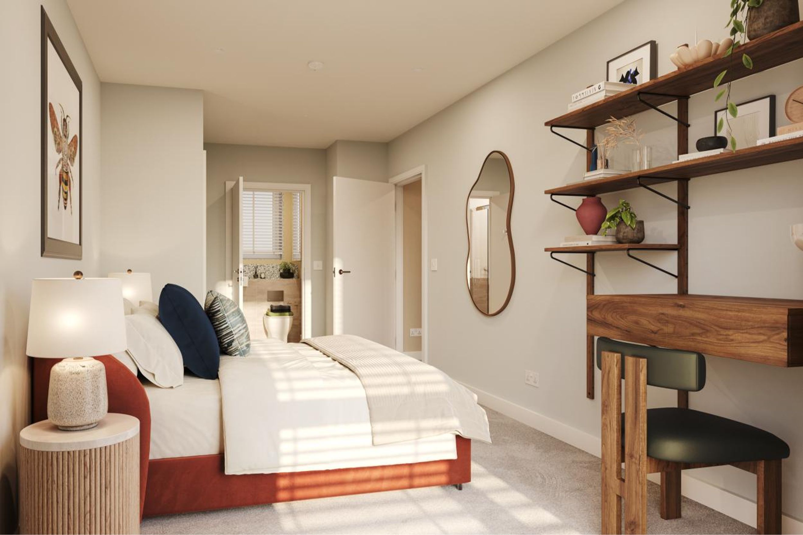A bedroom with a bed, bedside tables, a desk, and shelves.
