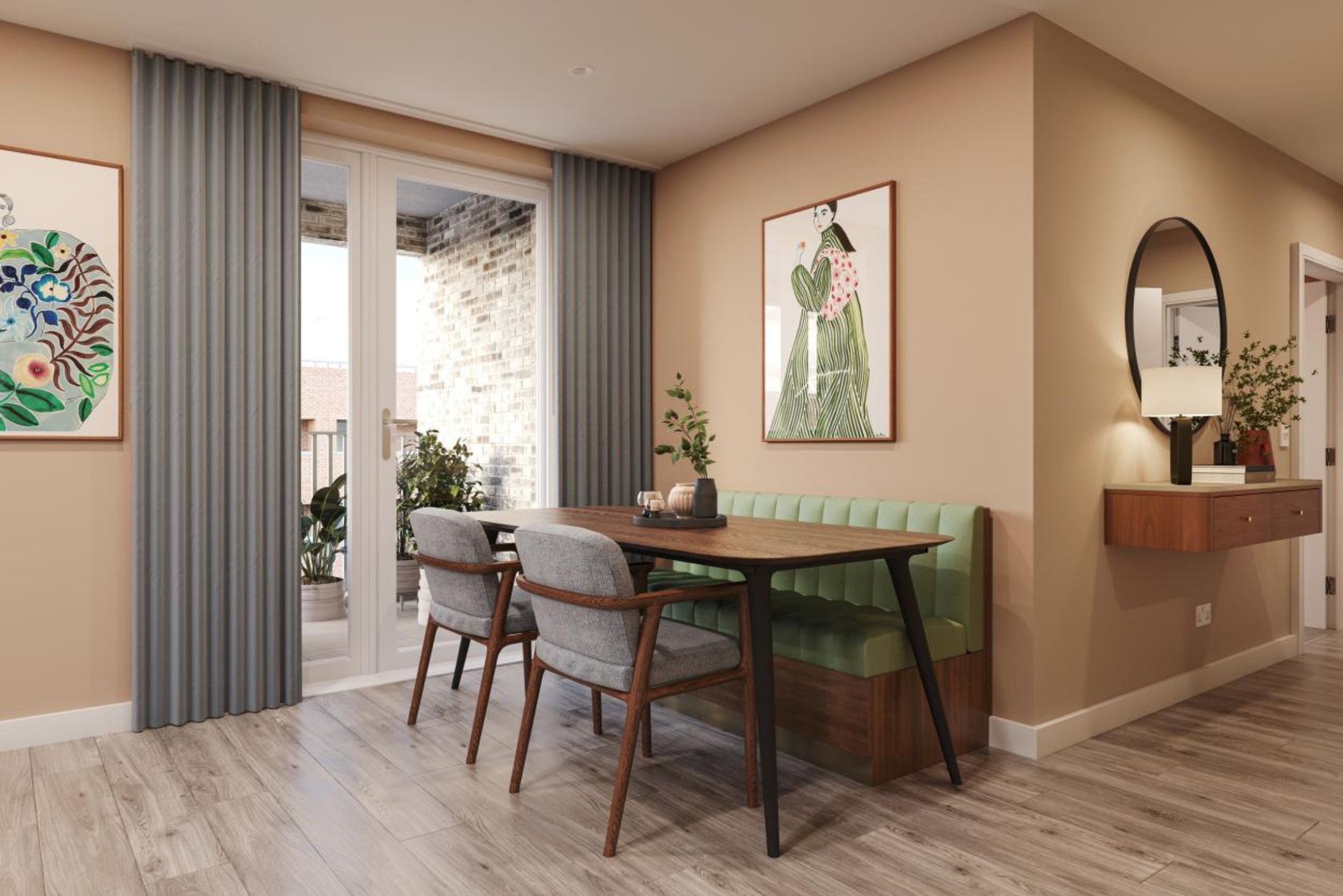 A dining area with a table, banquette, chairs, and artwork.