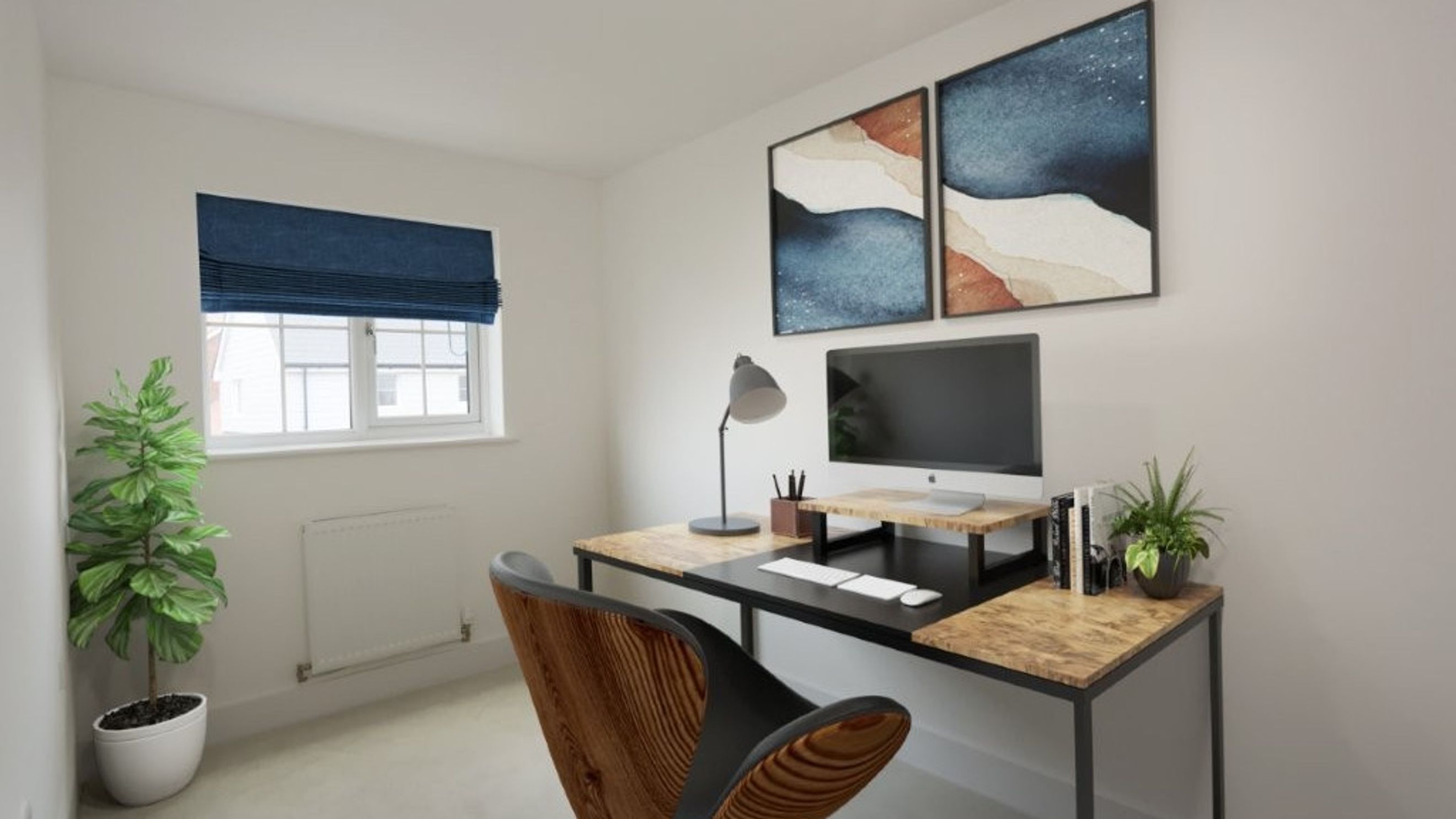 A home office with a desk, computer, chair, and window.