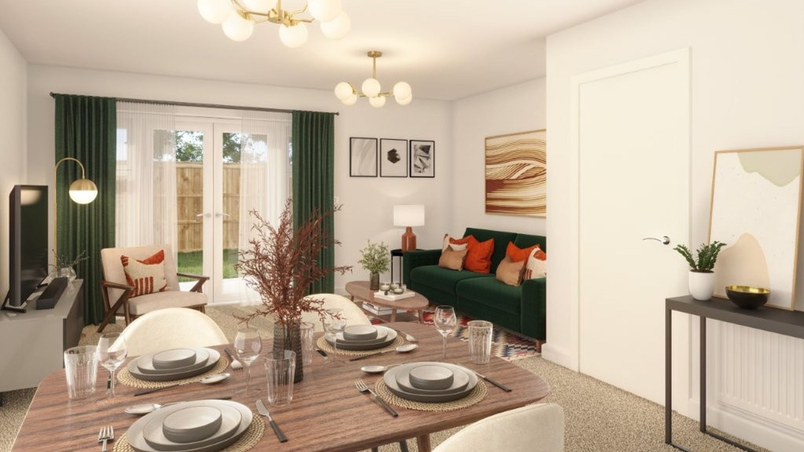 A dining and living room area with a green sofa, dining table, and chairs.
