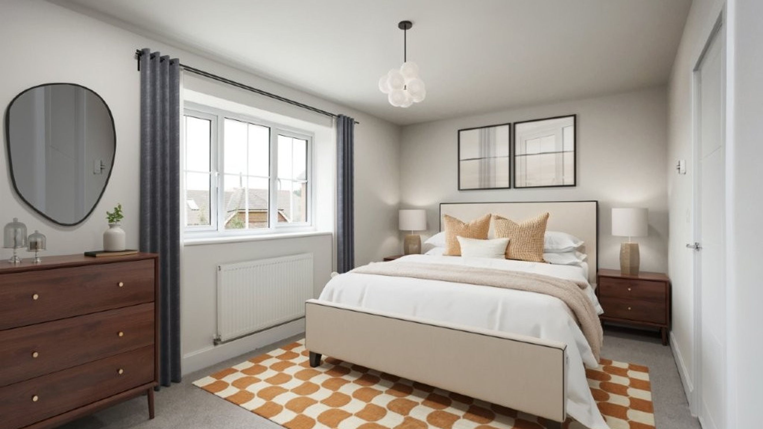 A bedroom with a bed, nightstands, a dresser, and a window.