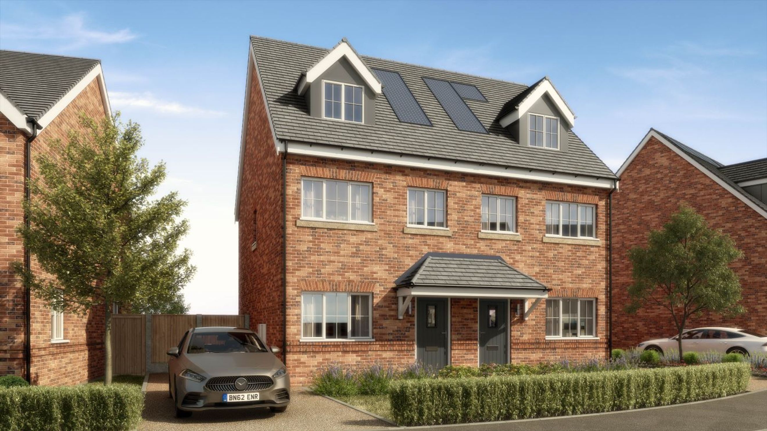 A semi-detached brick house with two front doors, solar panels on the roof, and a driveway with a car.