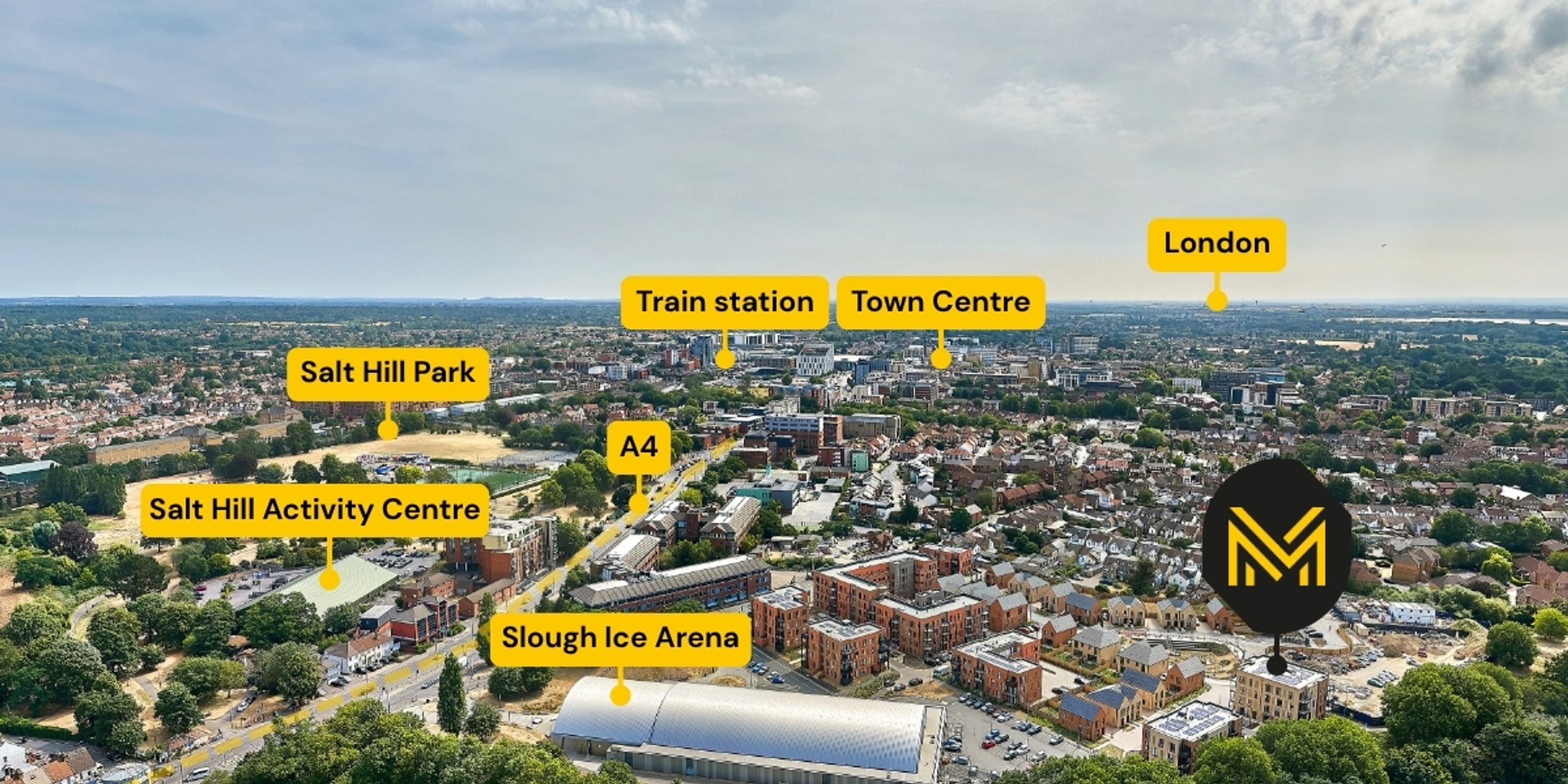 An aerial view of a city with various landmarks labeled, including parks, a town center, and a train station.