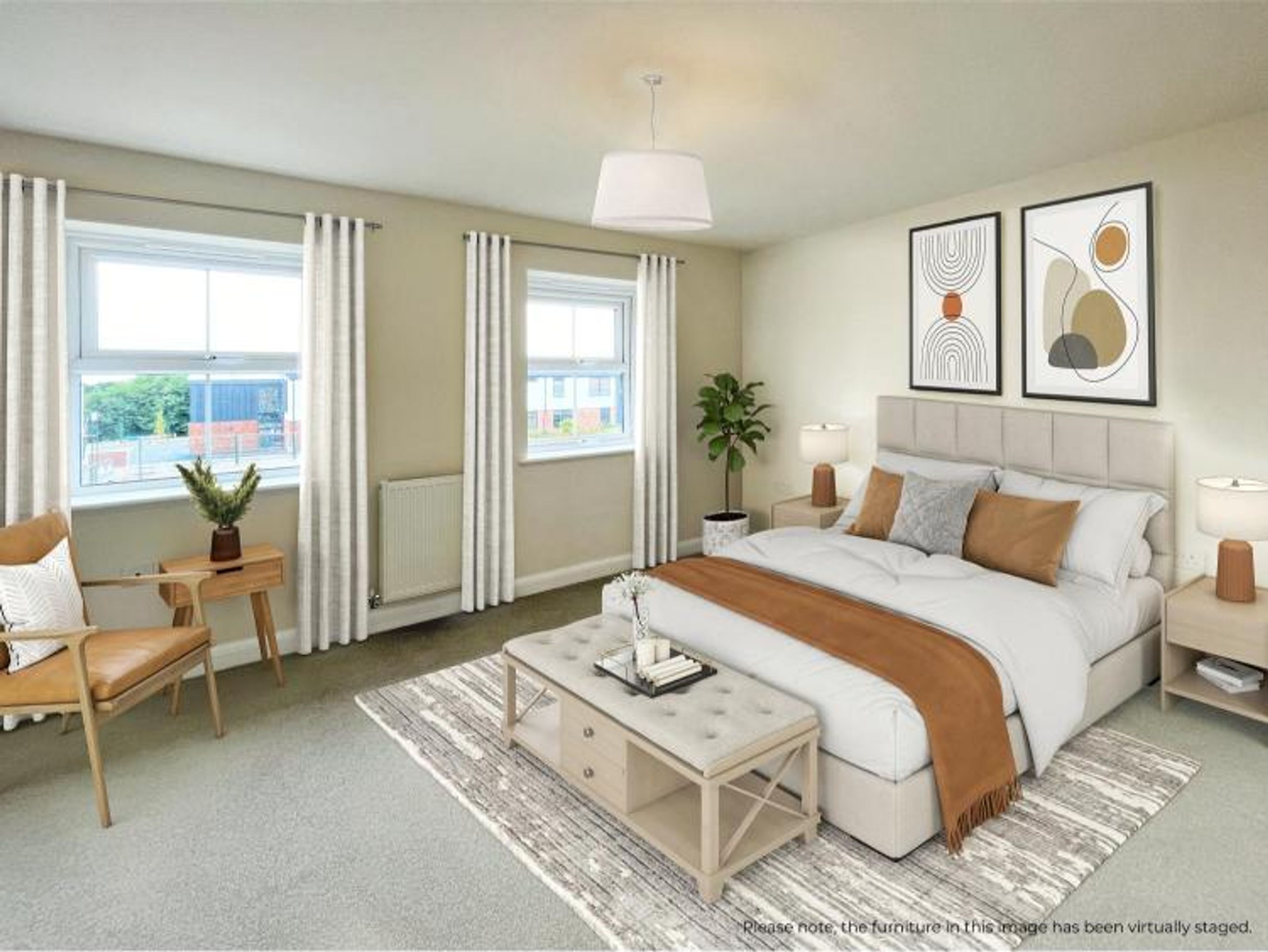 A bedroom with a bed, nightstands, windows, and a chair.
