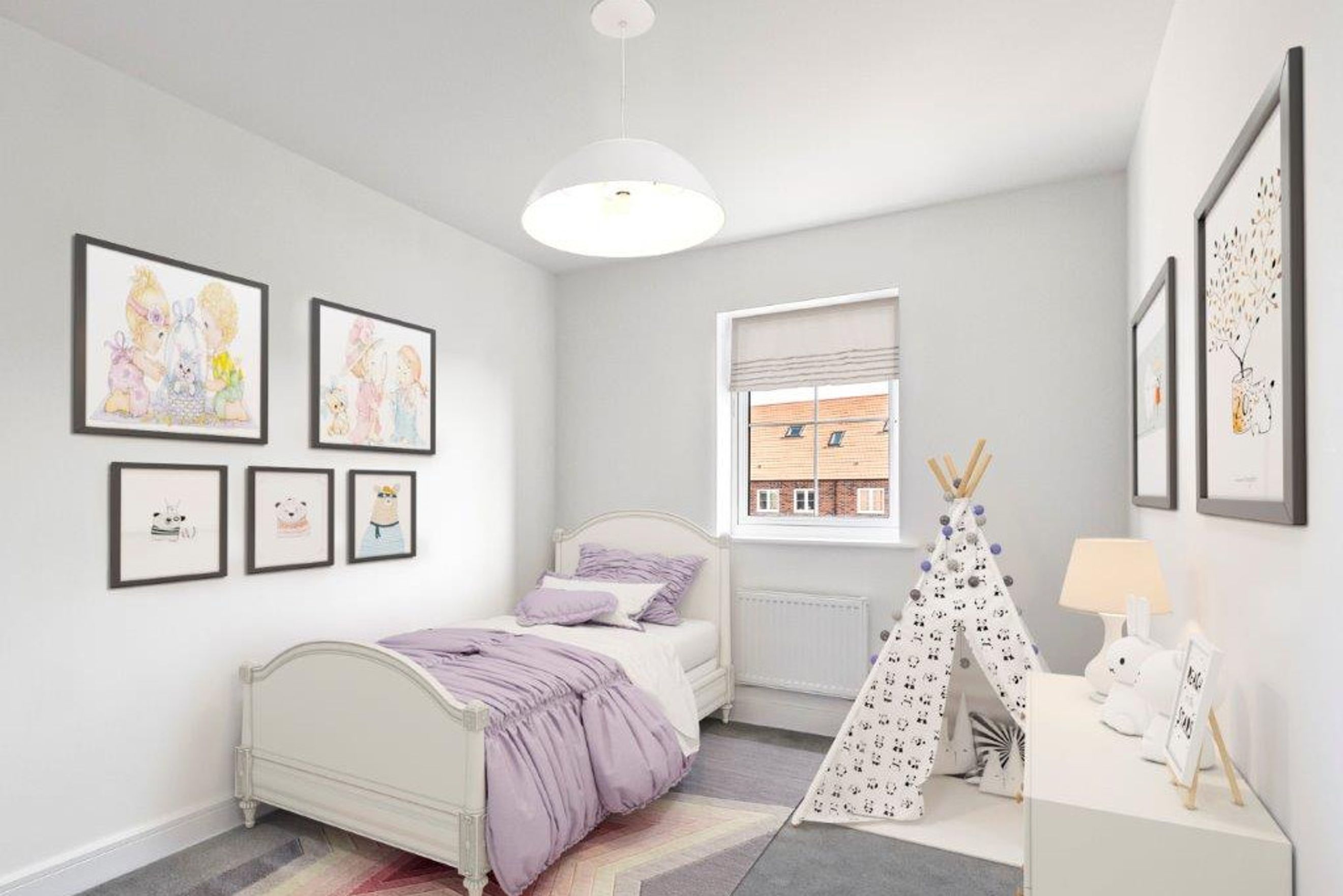 A child's bedroom with a twin bed, a teepee, and framed artwork on the wall.