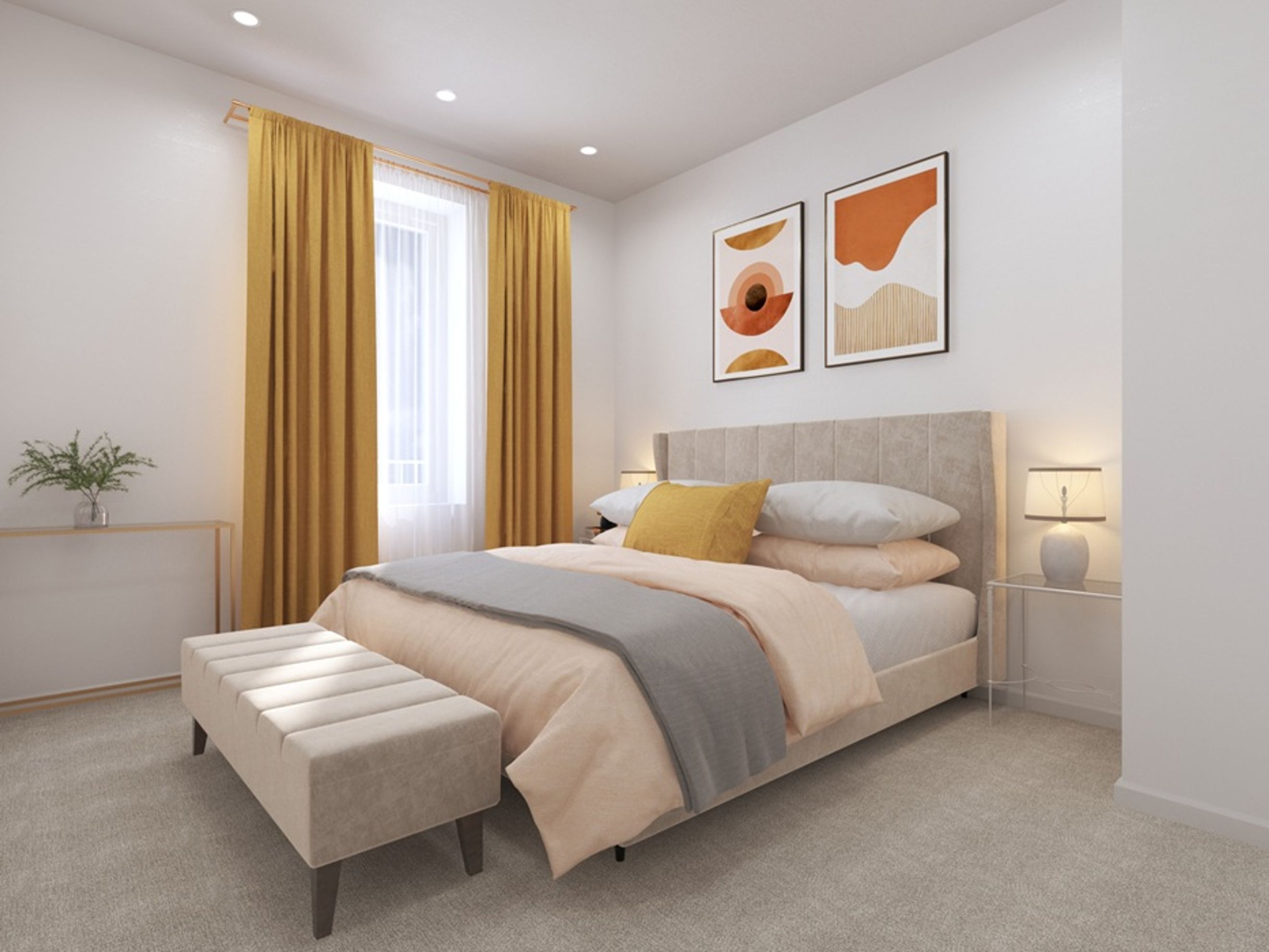 A bedroom with a bed, accent bench, curtains, and artwork.