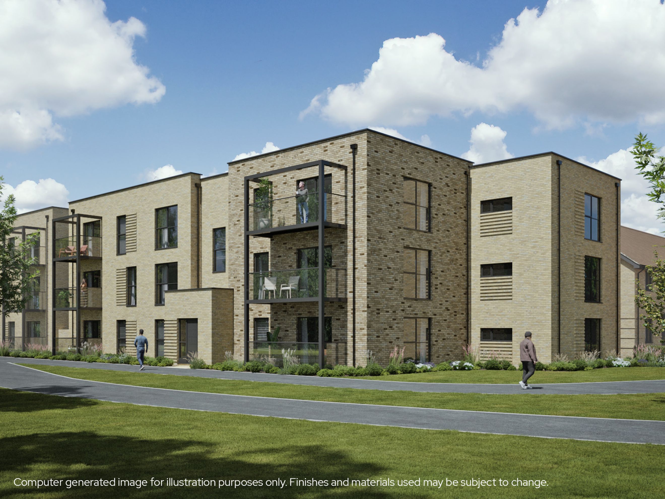 A modern apartment building with balconies and large windows, surrounded by grass and pathways.