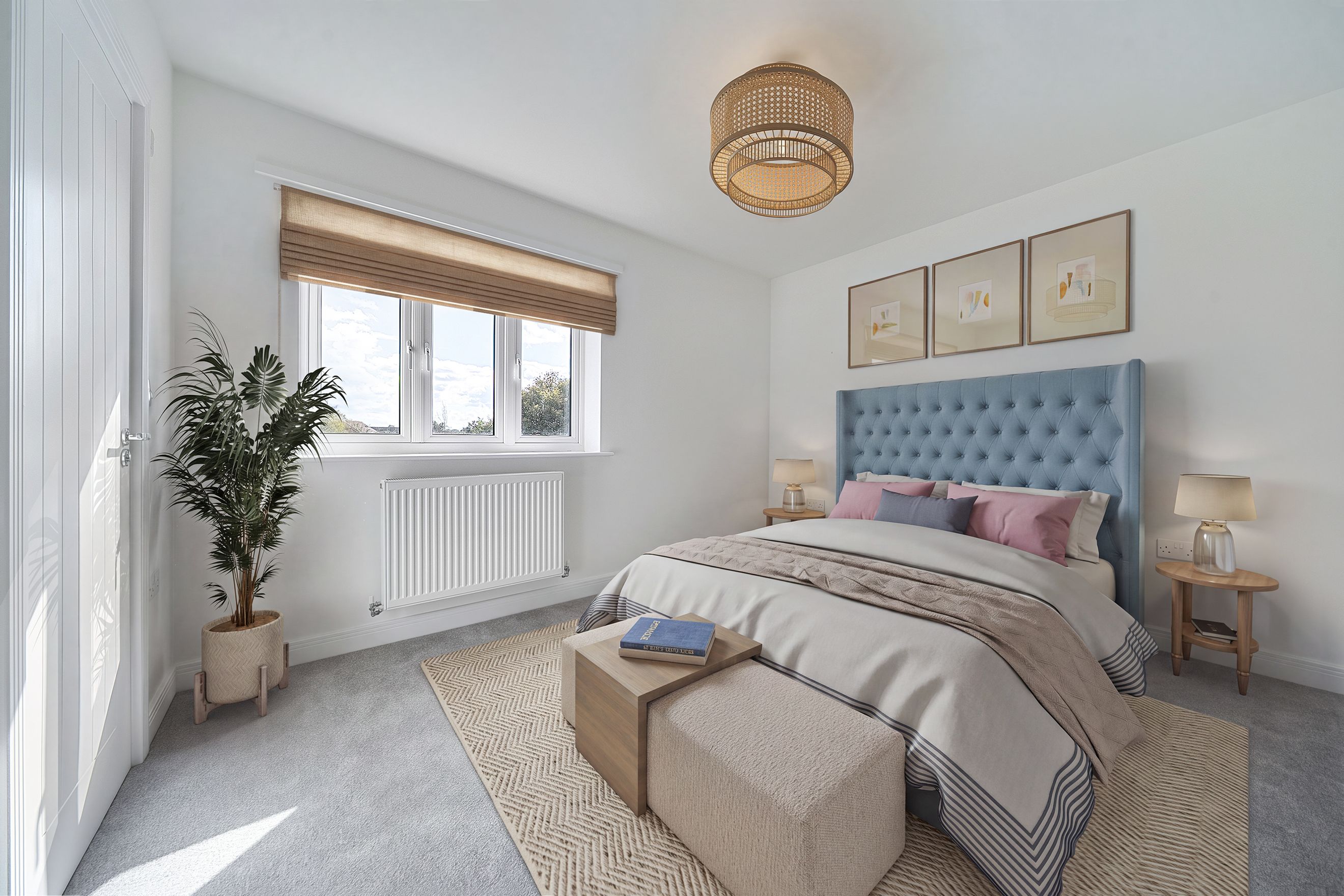 A bedroom with a bed, pillows, a window, and a plant.