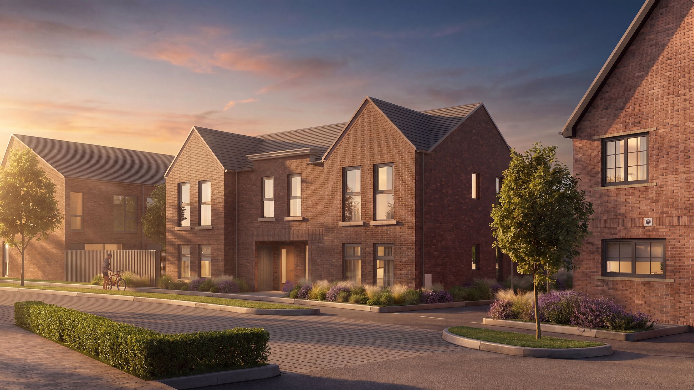 A street view of modern brick houses with manicured lawns and trees during sunset.