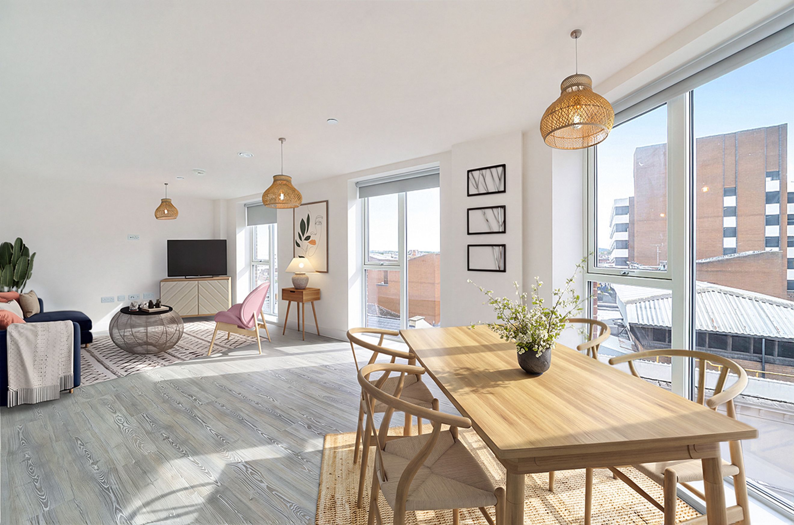 A dining area and living room with a wooden table, chairs, sofa, and television.