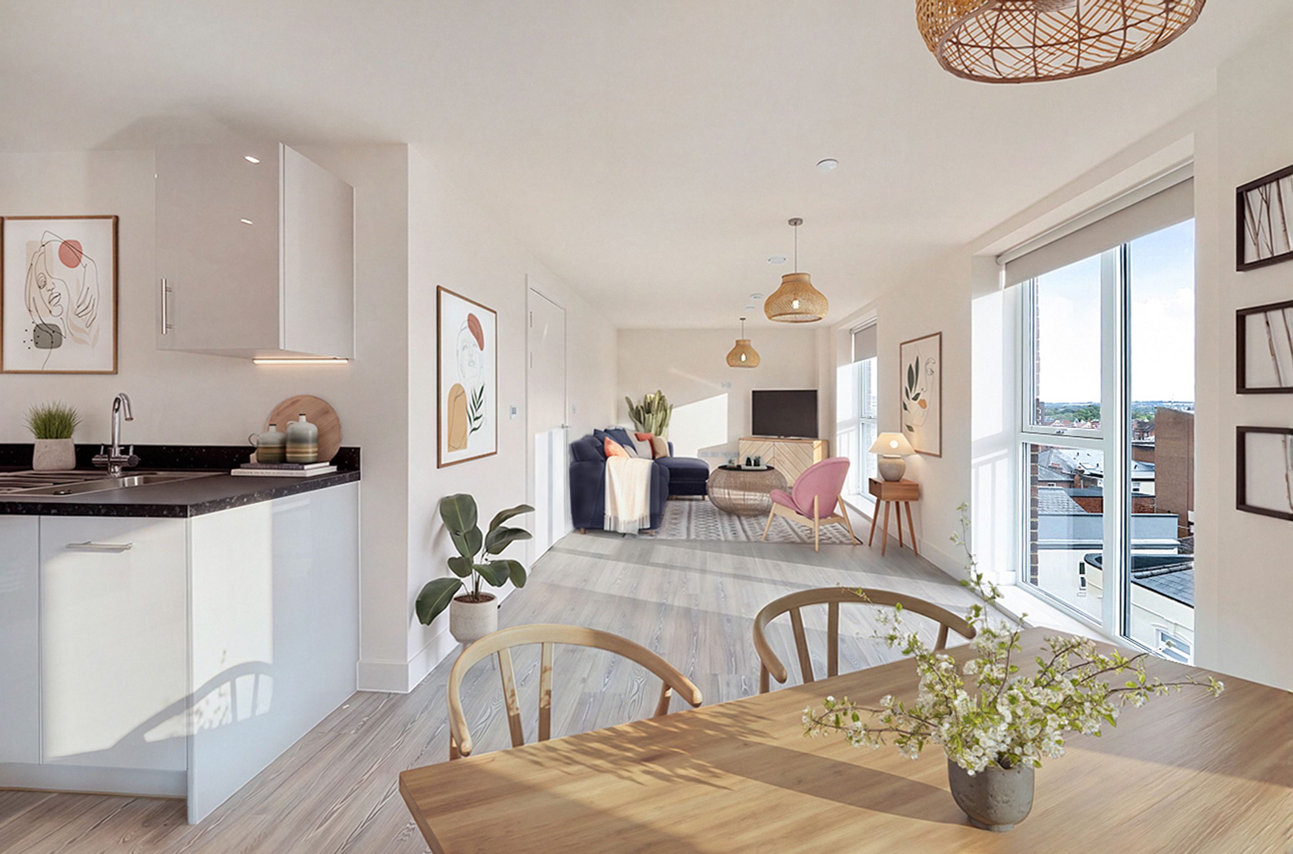 A modern apartment living room and kitchen area with a dining table in the foreground.