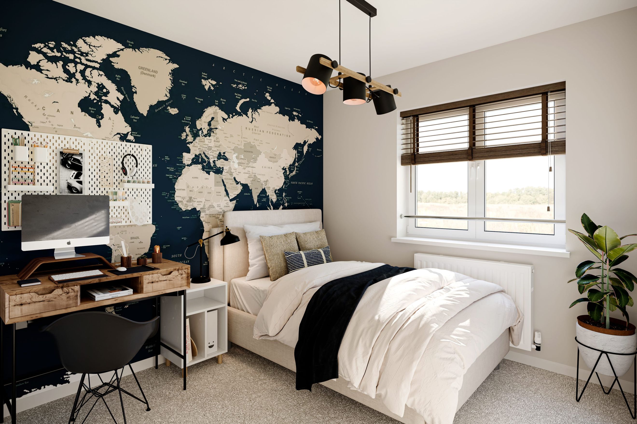 A bedroom with a bed, a desk, and a world map mural.