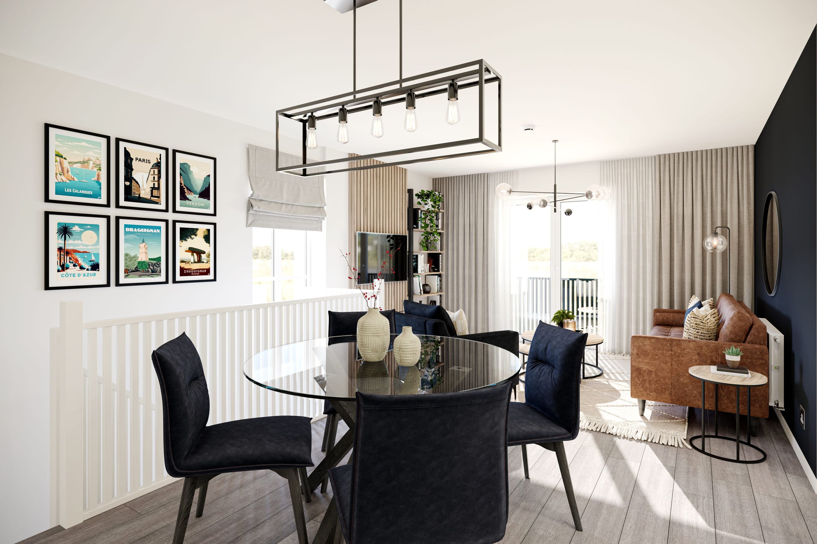 A dining area with a glass table and chairs, adjacent to a living room with a leather sofa and a floor lamp.
