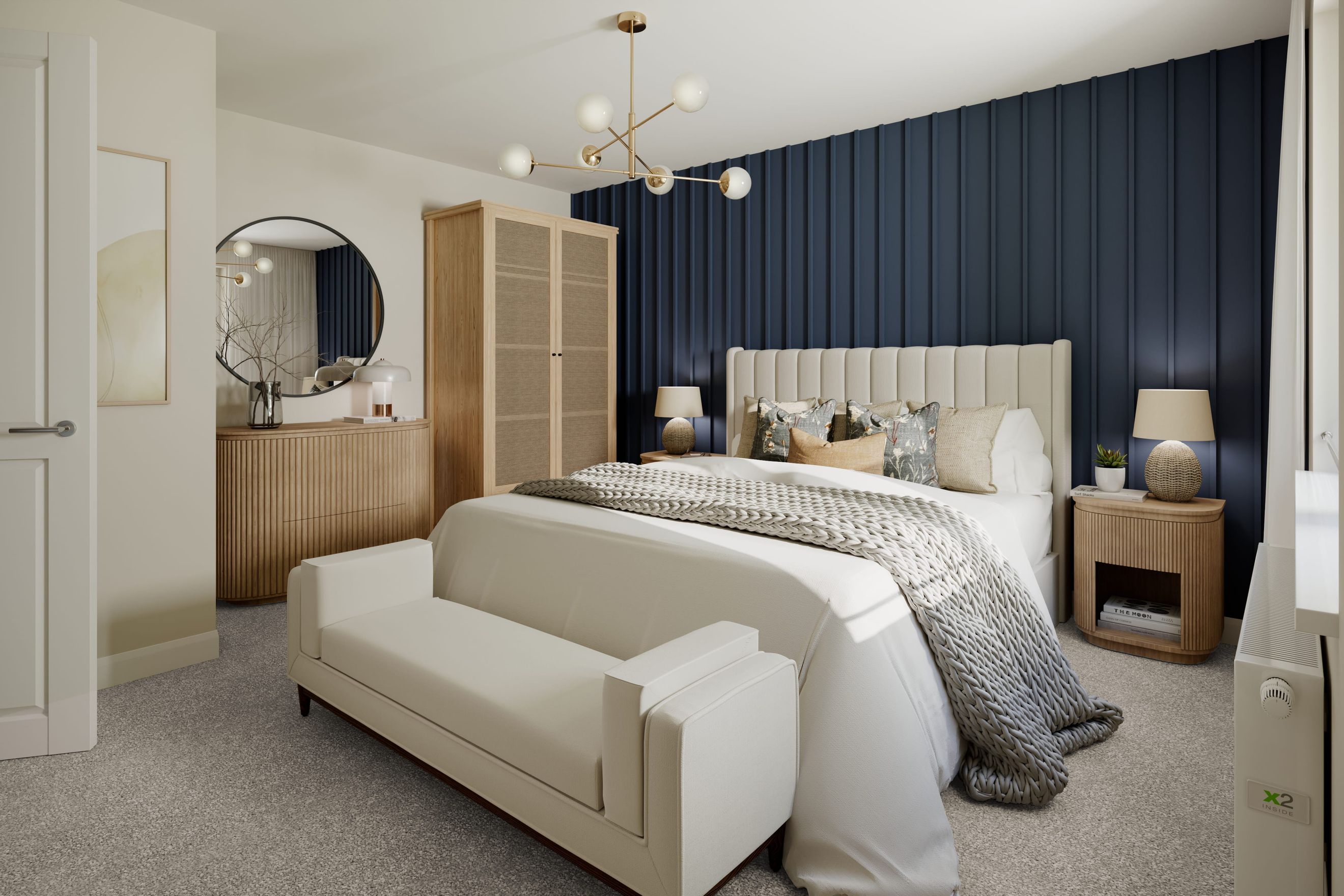 A bedroom with a bed, nightstands, a dresser, a wardrobe, and a bench.