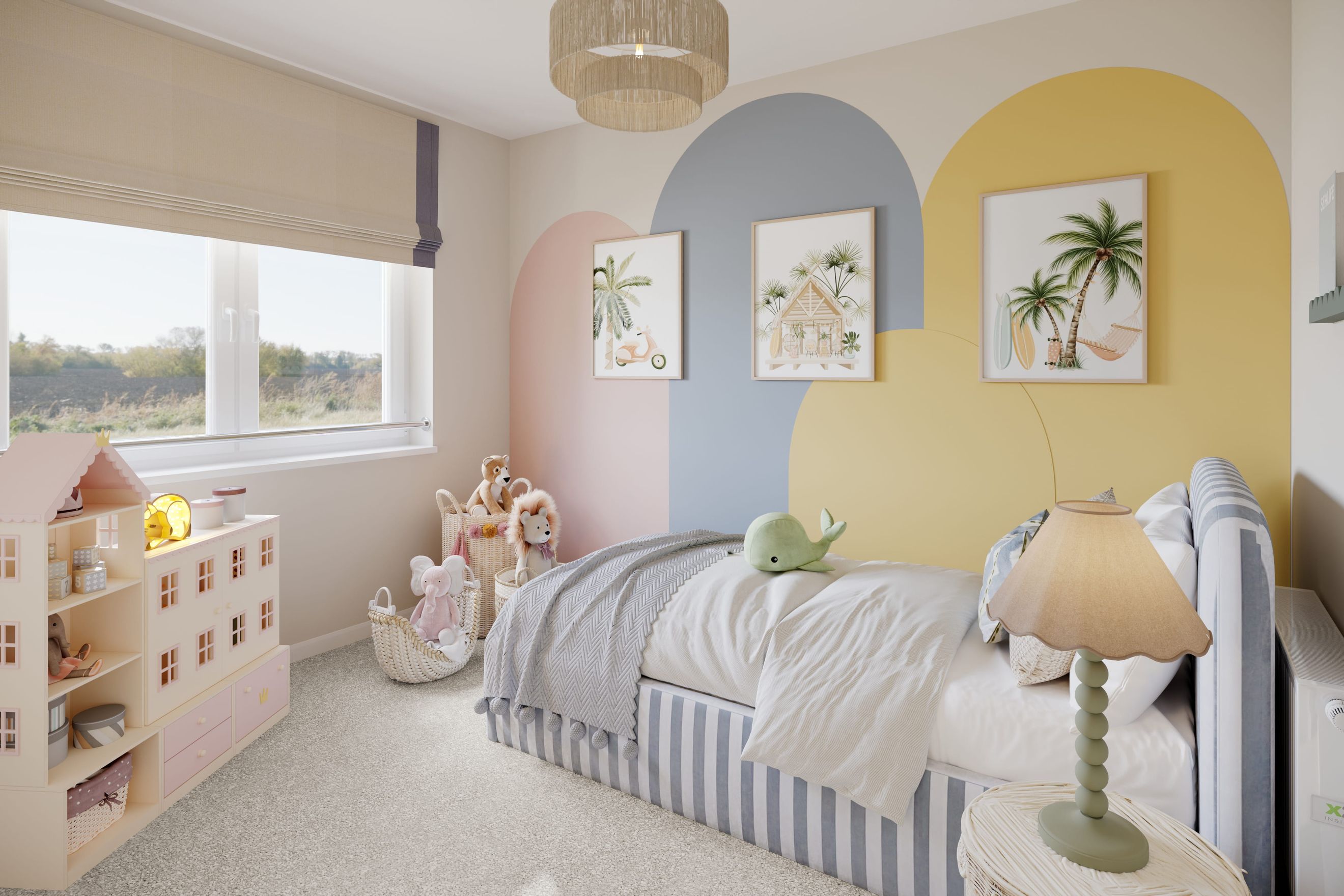 A child's bedroom with a bed, toys, and wall art.