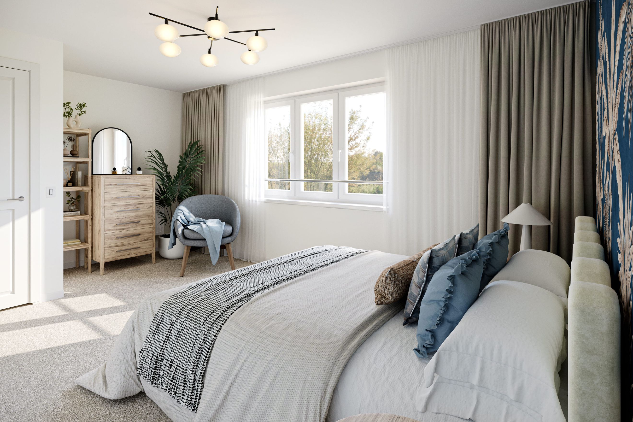 A bedroom with a bed, dresser, armchair, and window.