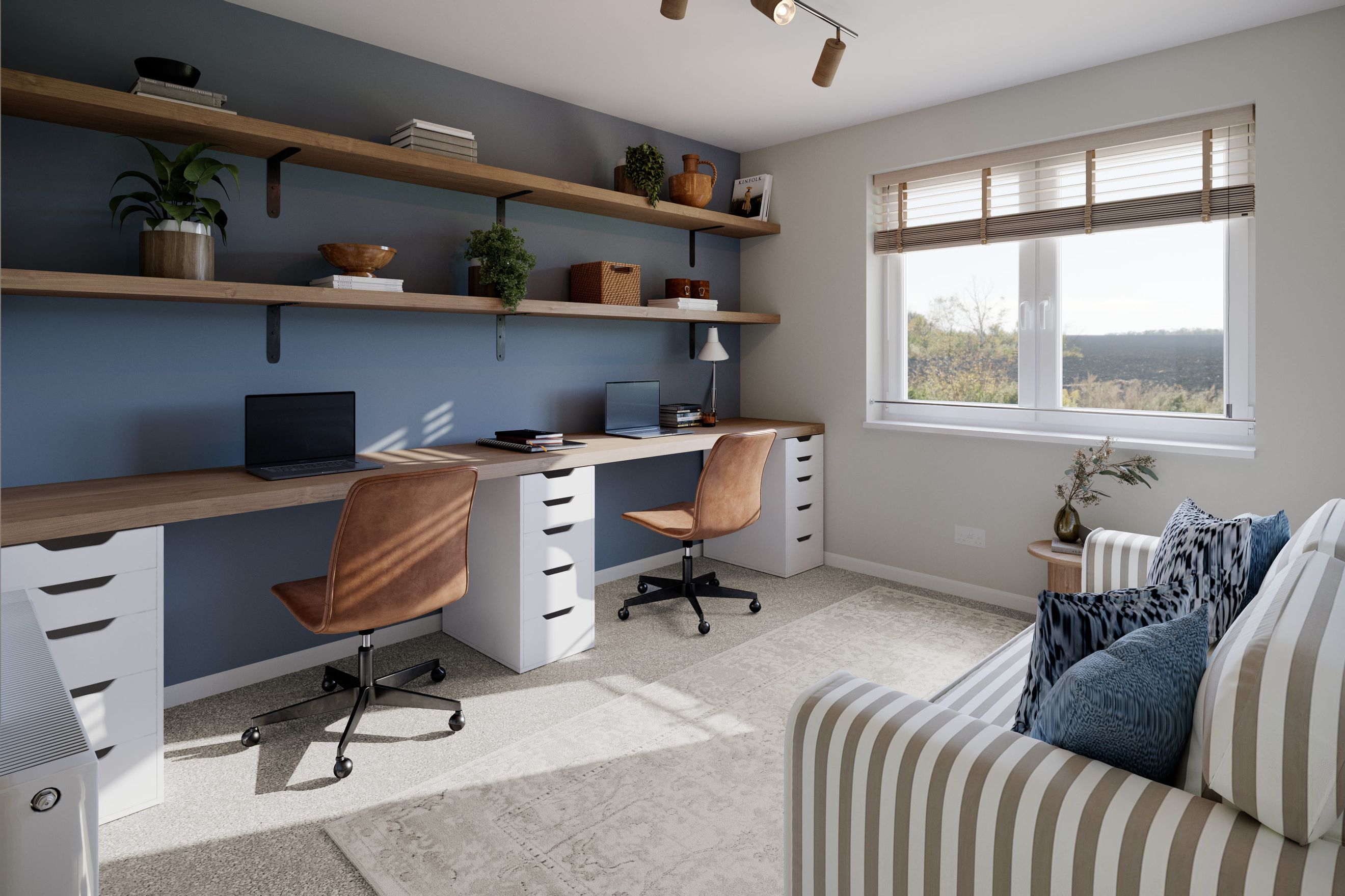 A home office with a long desk, two chairs, shelves, and a sofa.