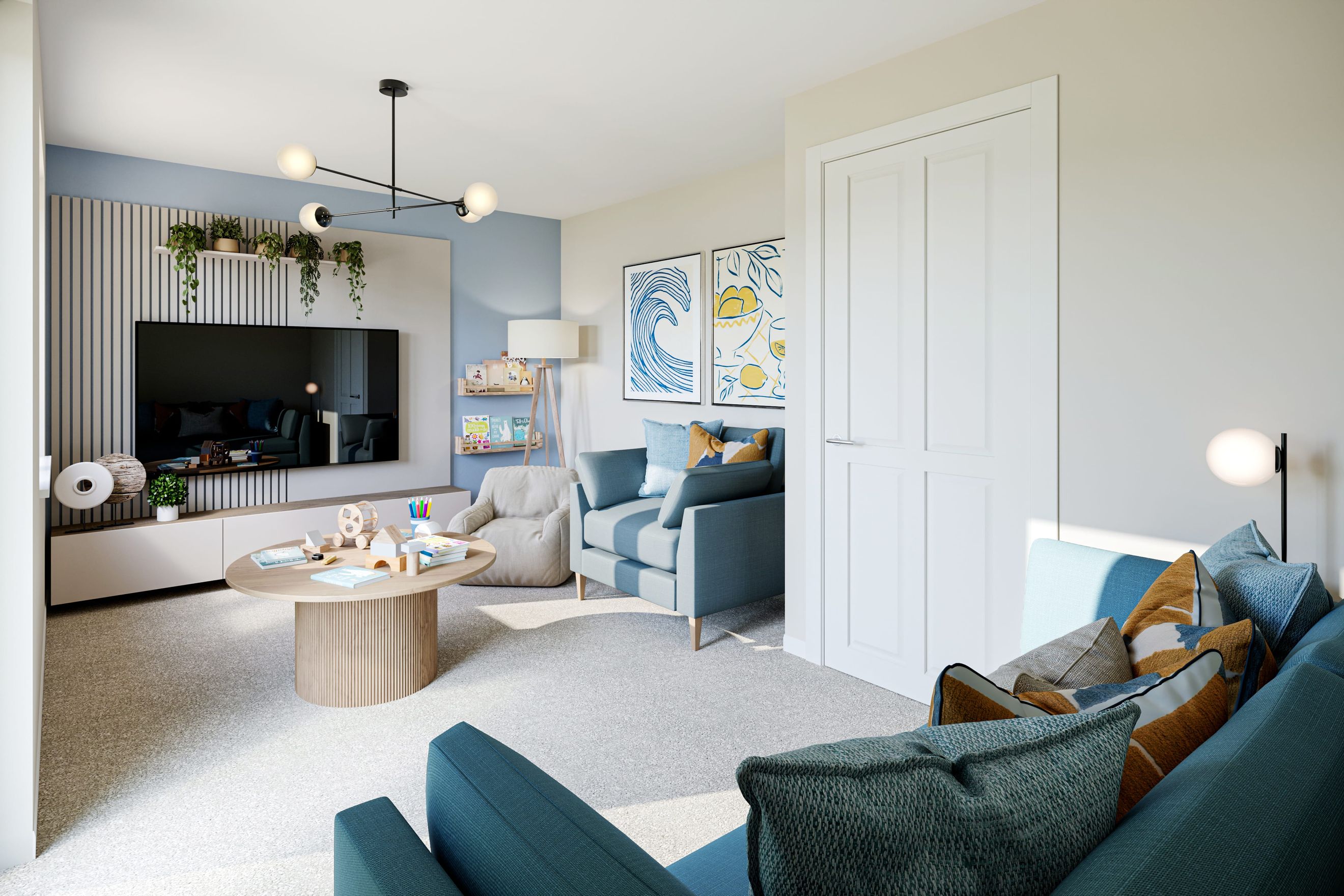 A living room with blue sofas, a coffee table, and a television.