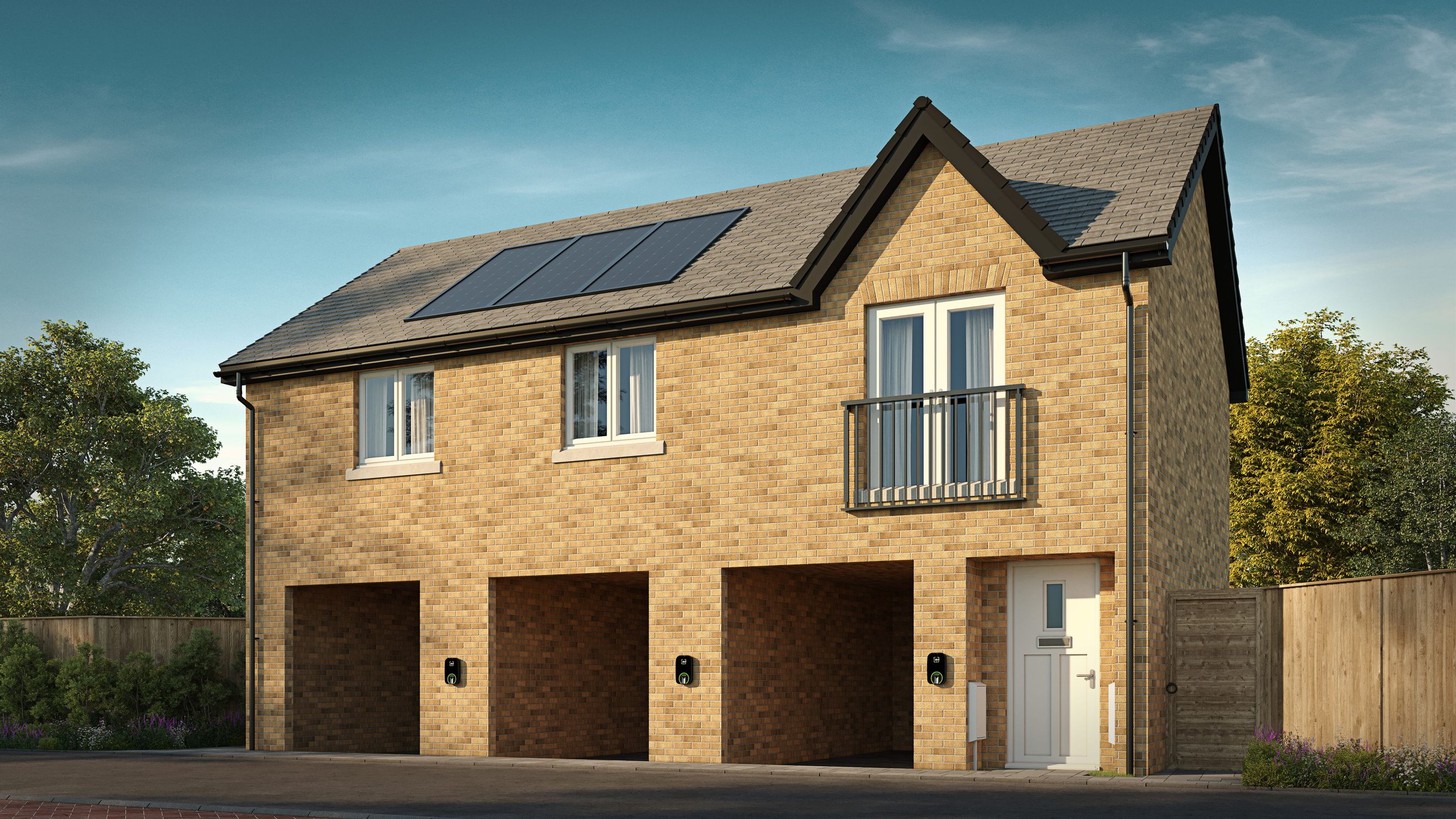 A modern brick house with solar panels, covered parking, and EV charging stations.