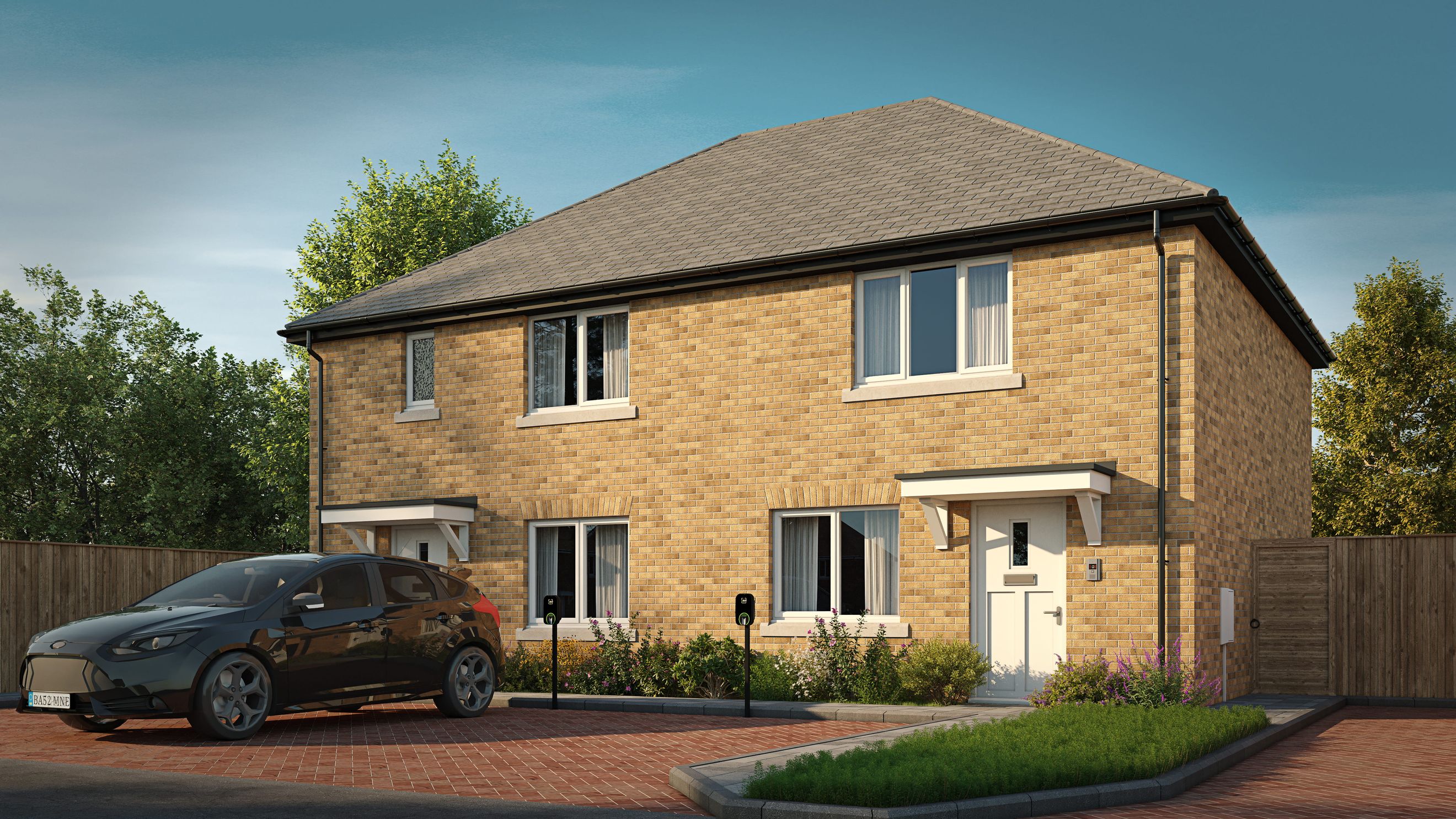 A modern semi-detached house with a black car parked in the driveway and two electric car chargers.