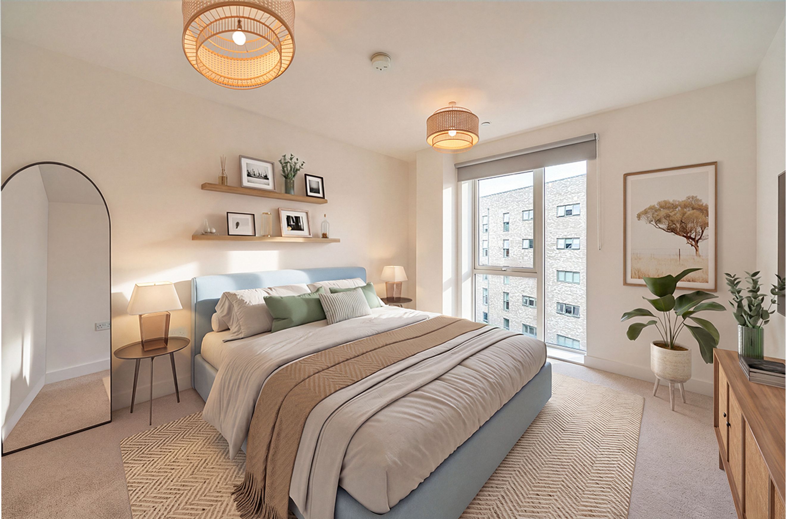 A bedroom with a bed, nightstand, mirror, and shelves.