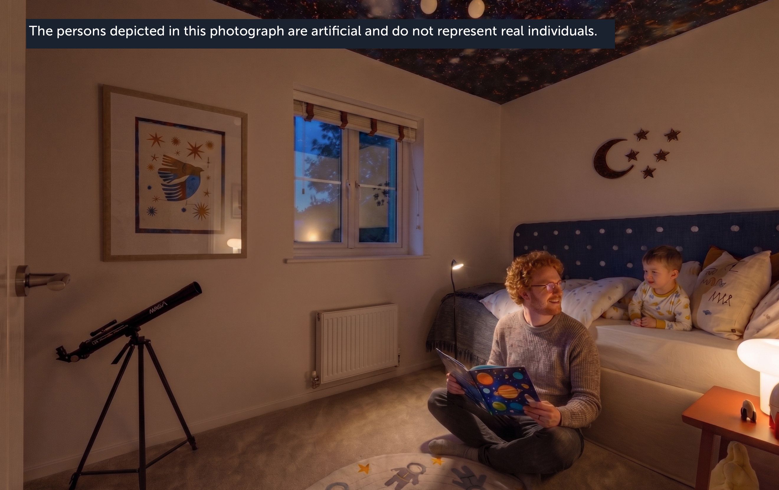 A father reading a book to his son in a bedroom decorated with a starry night theme.