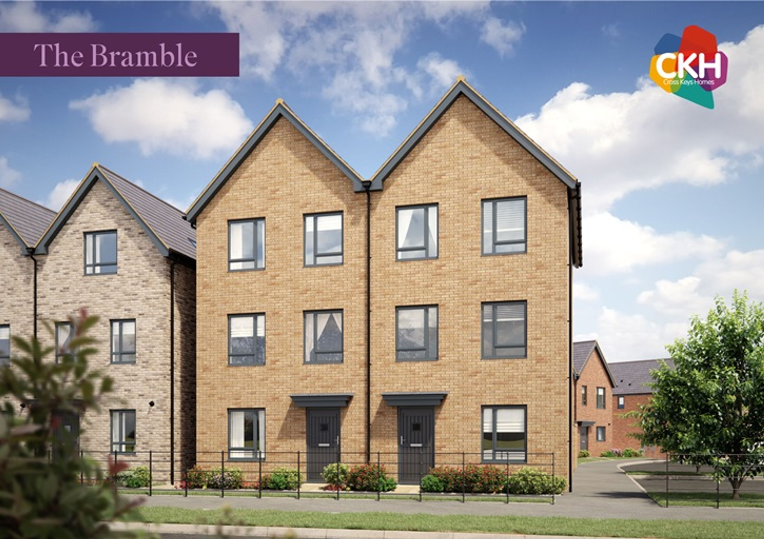 A pair of modern, brick-built semi-detached houses with dark grey doors and windows under a cloudy sky.