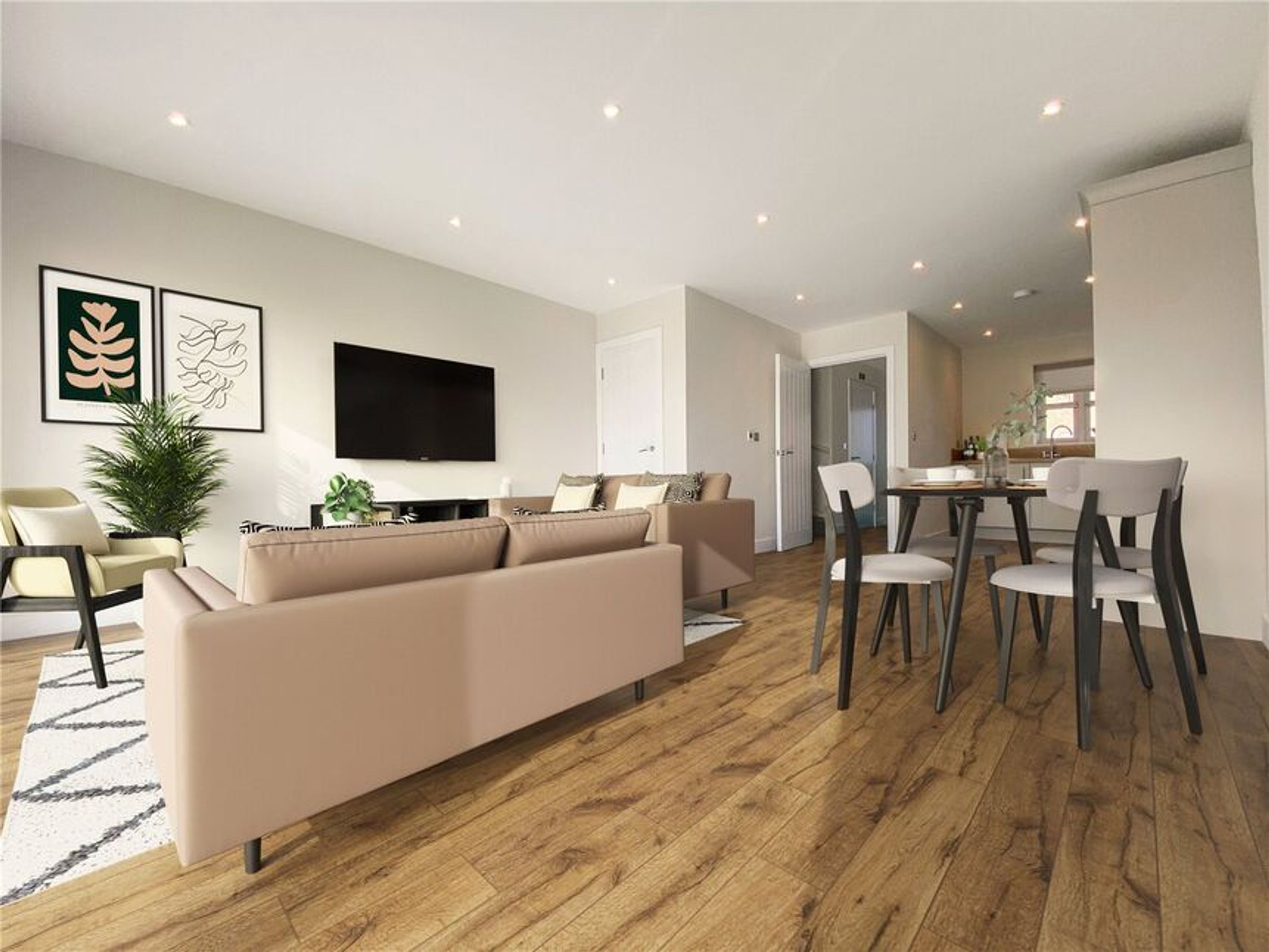 A living and dining area with a sofa, chairs, and a dining table.