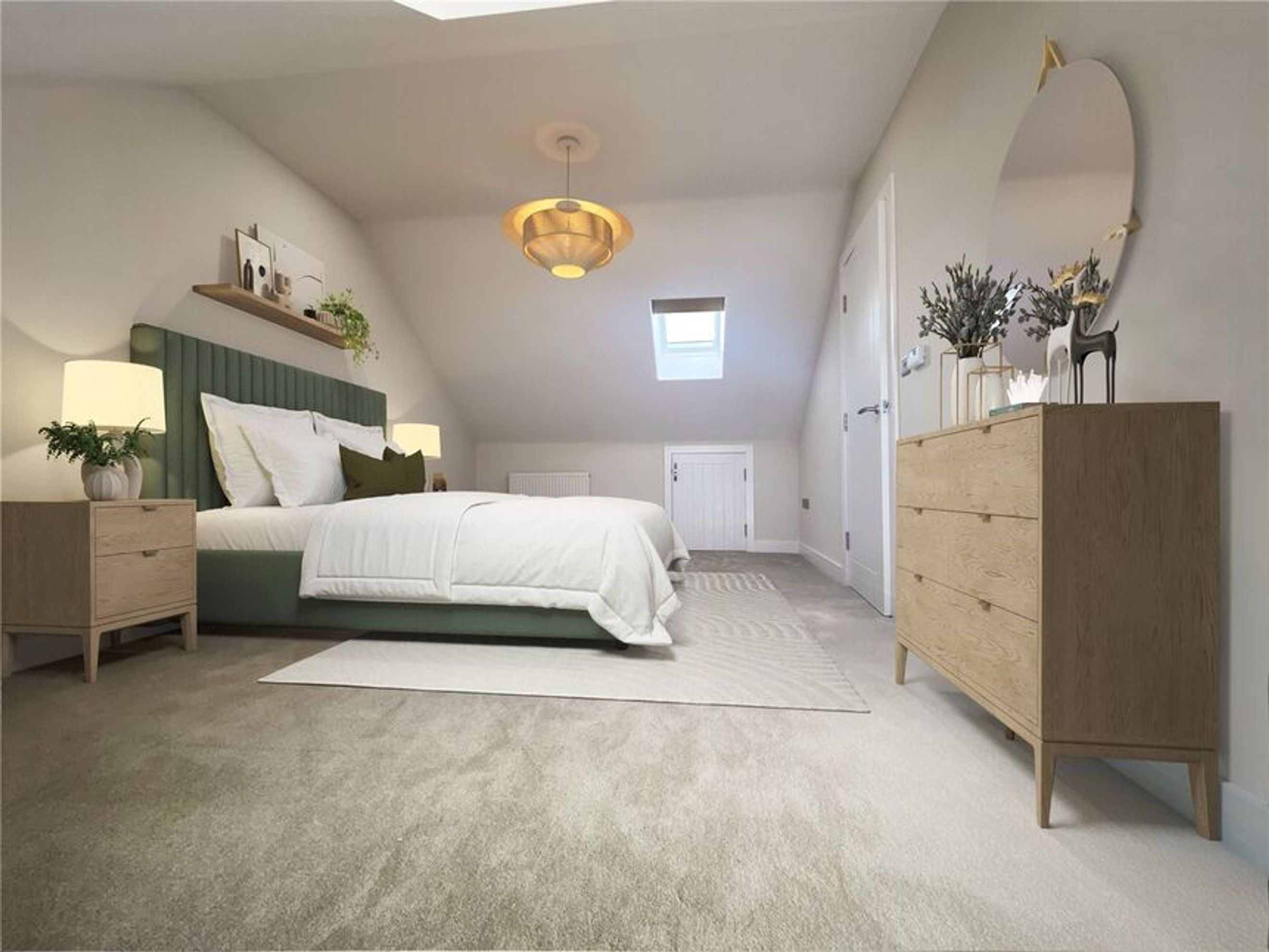 A bedroom with a bed, nightstand, dresser, and a mirror.