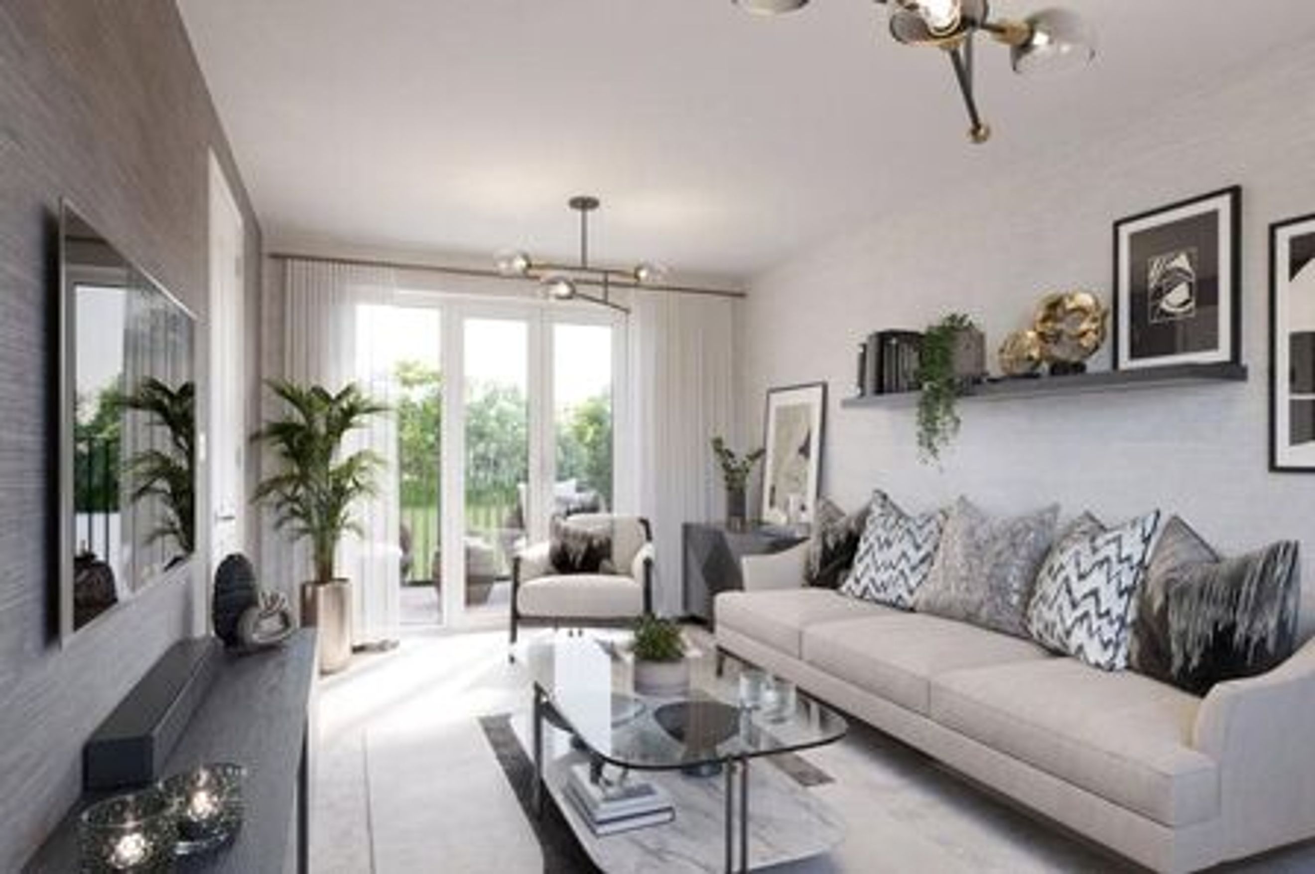 A living room with a sofa, coffee table, and a television.