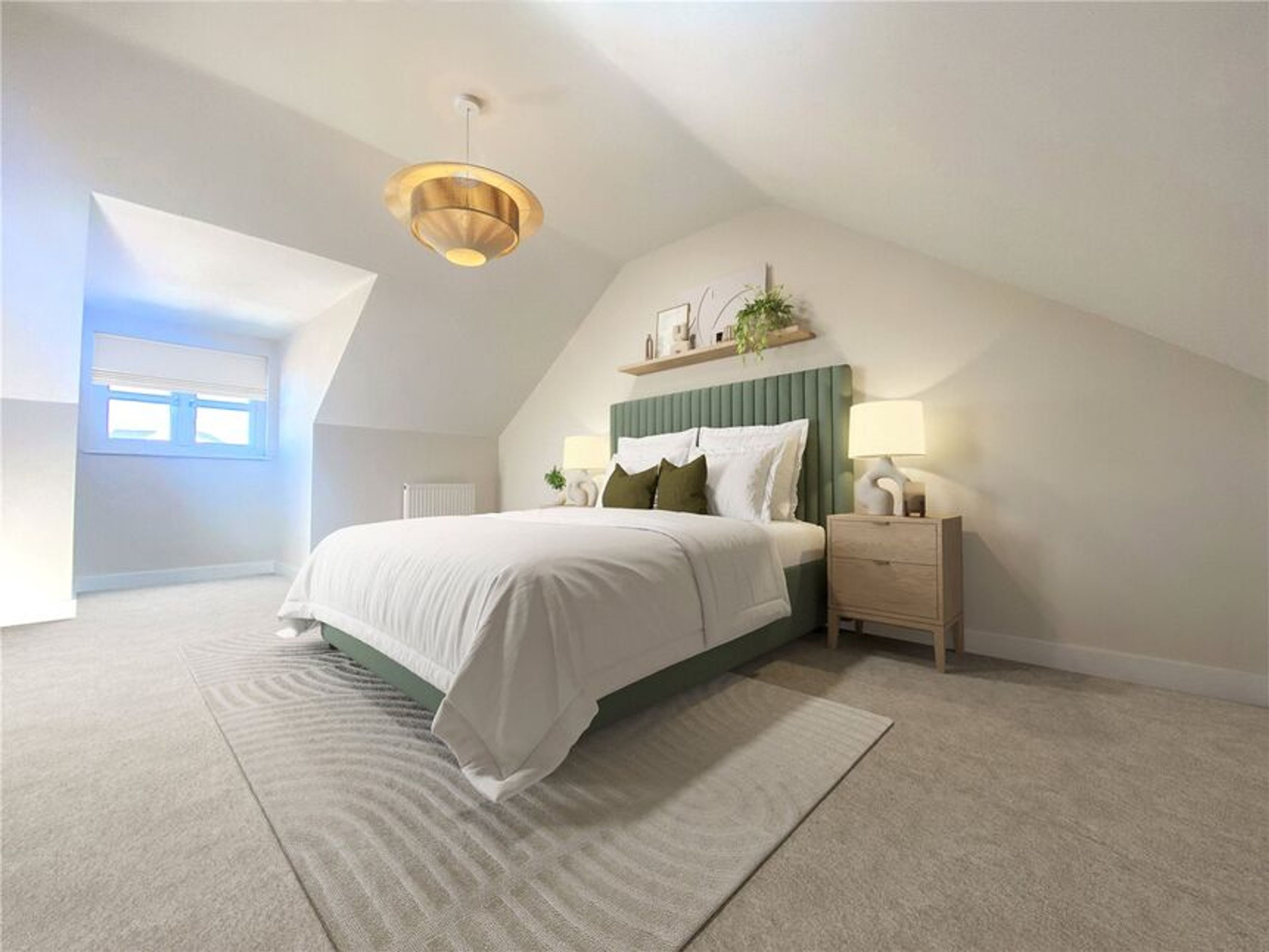 A bedroom with a bed, nightstand, and a window.