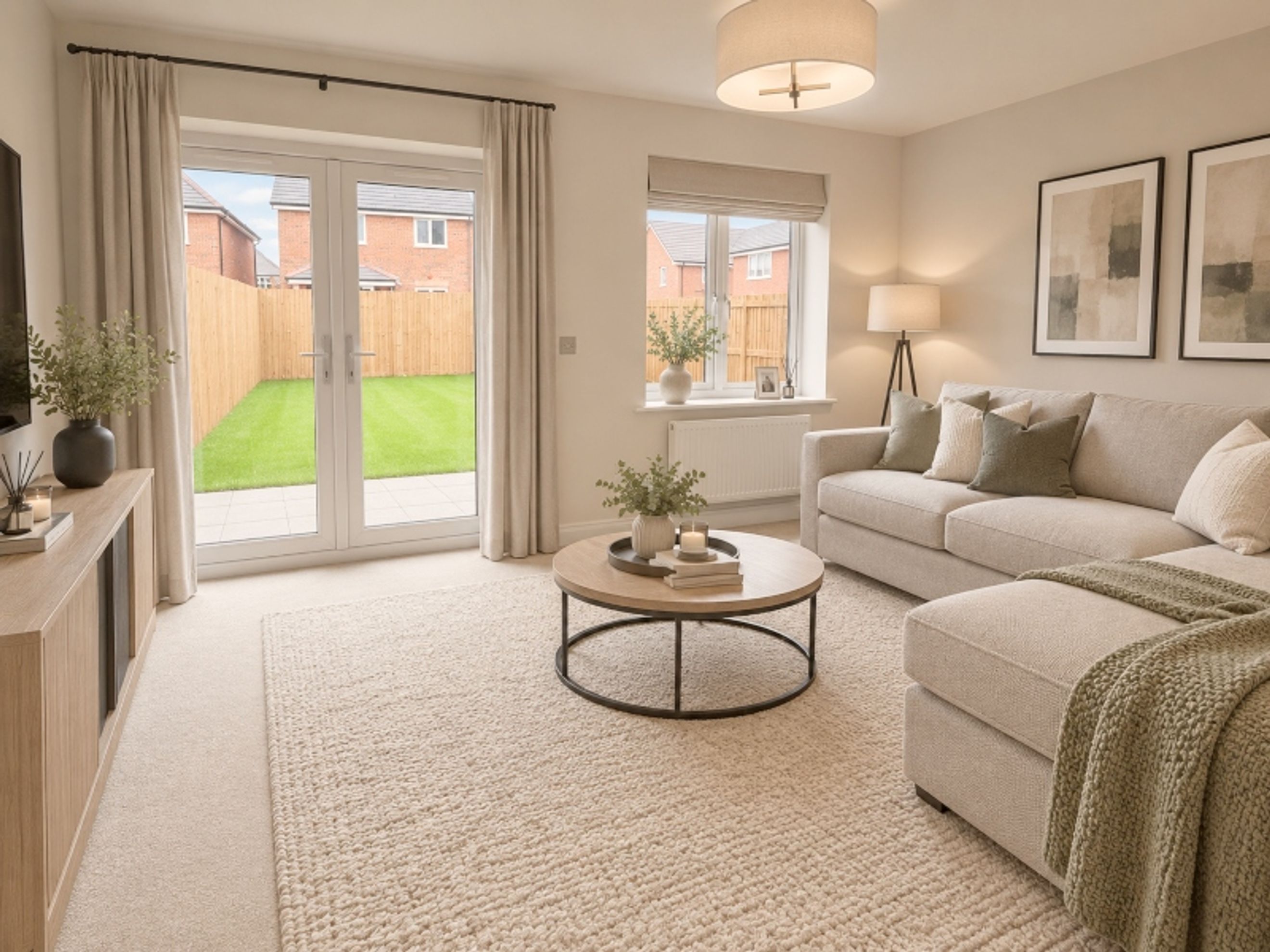 A living room with a sectional sofa, coffee table, and French doors leading to a backyard.