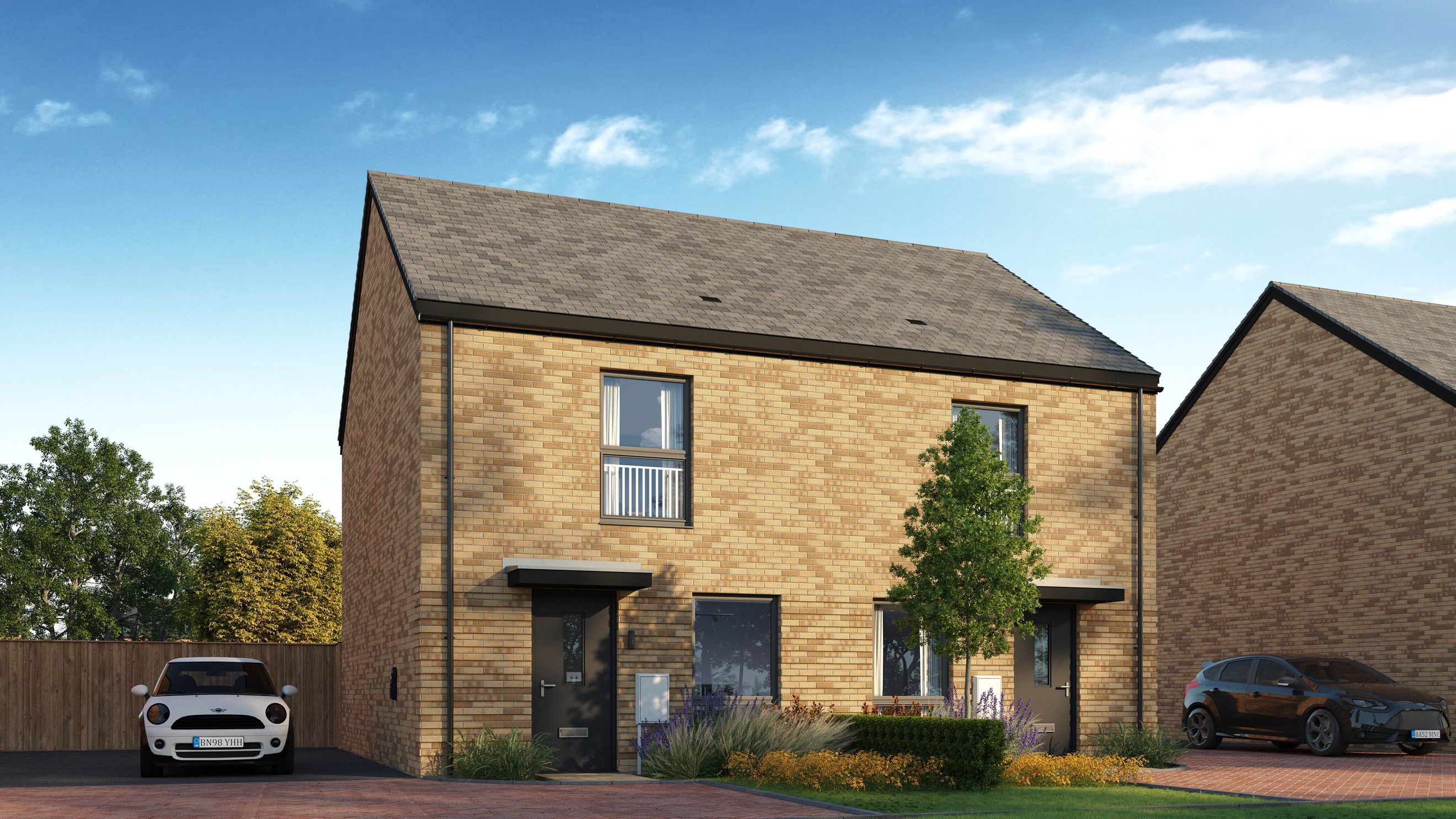 A modern brick semi-detached house with two cars parked in the driveway.