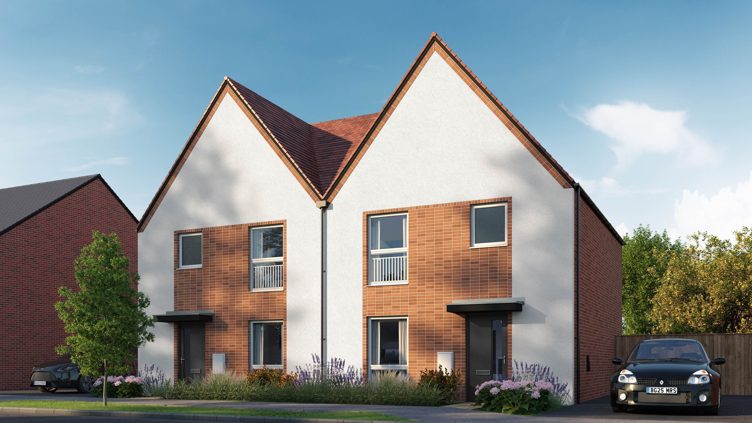 A pair of modern semi-detached houses with brick and white render facades, parked cars, and landscaping.