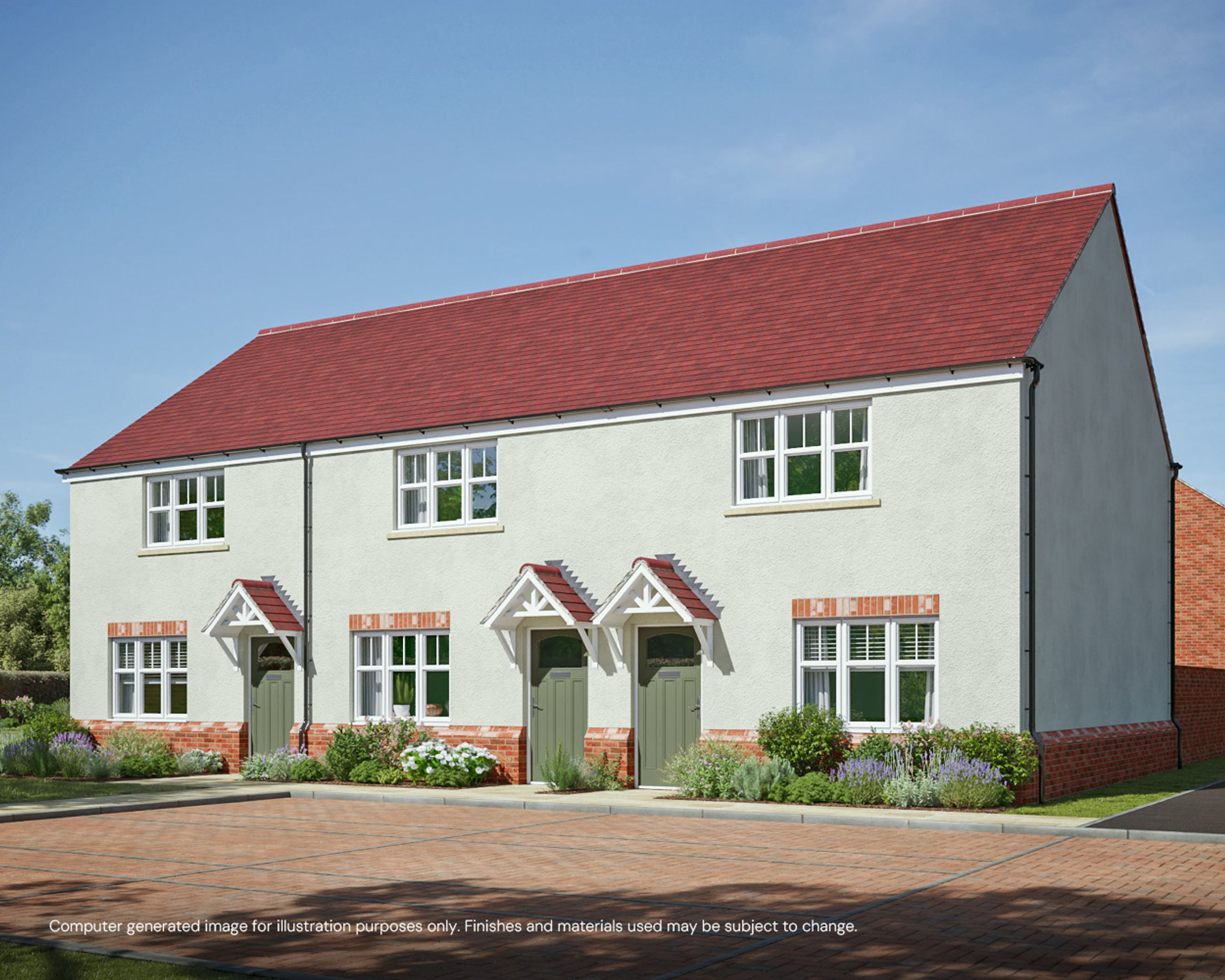 A row of modern houses with red roofs and light-colored exteriors.
