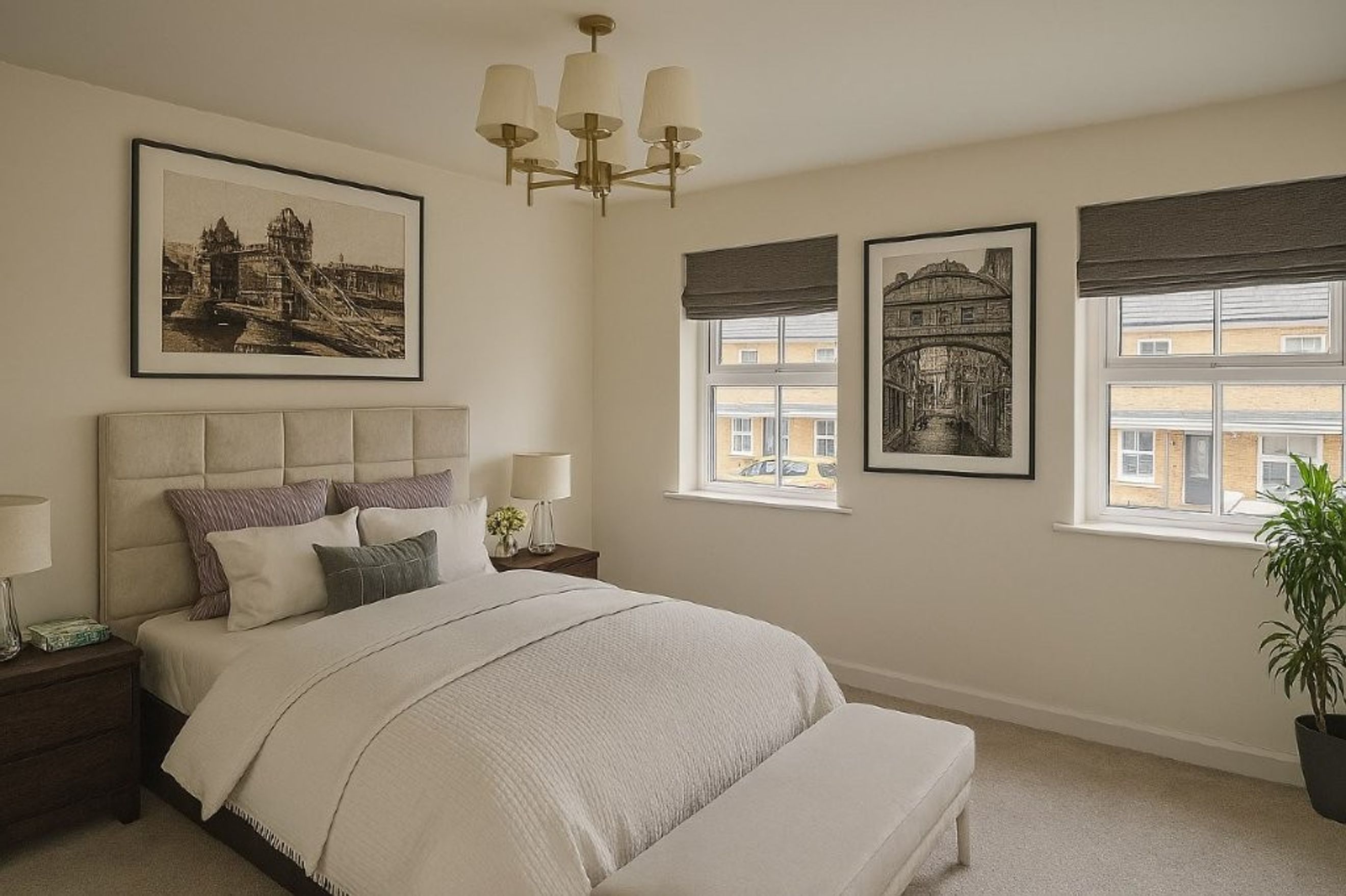A bedroom with a bed, nightstands, windows, and artwork.