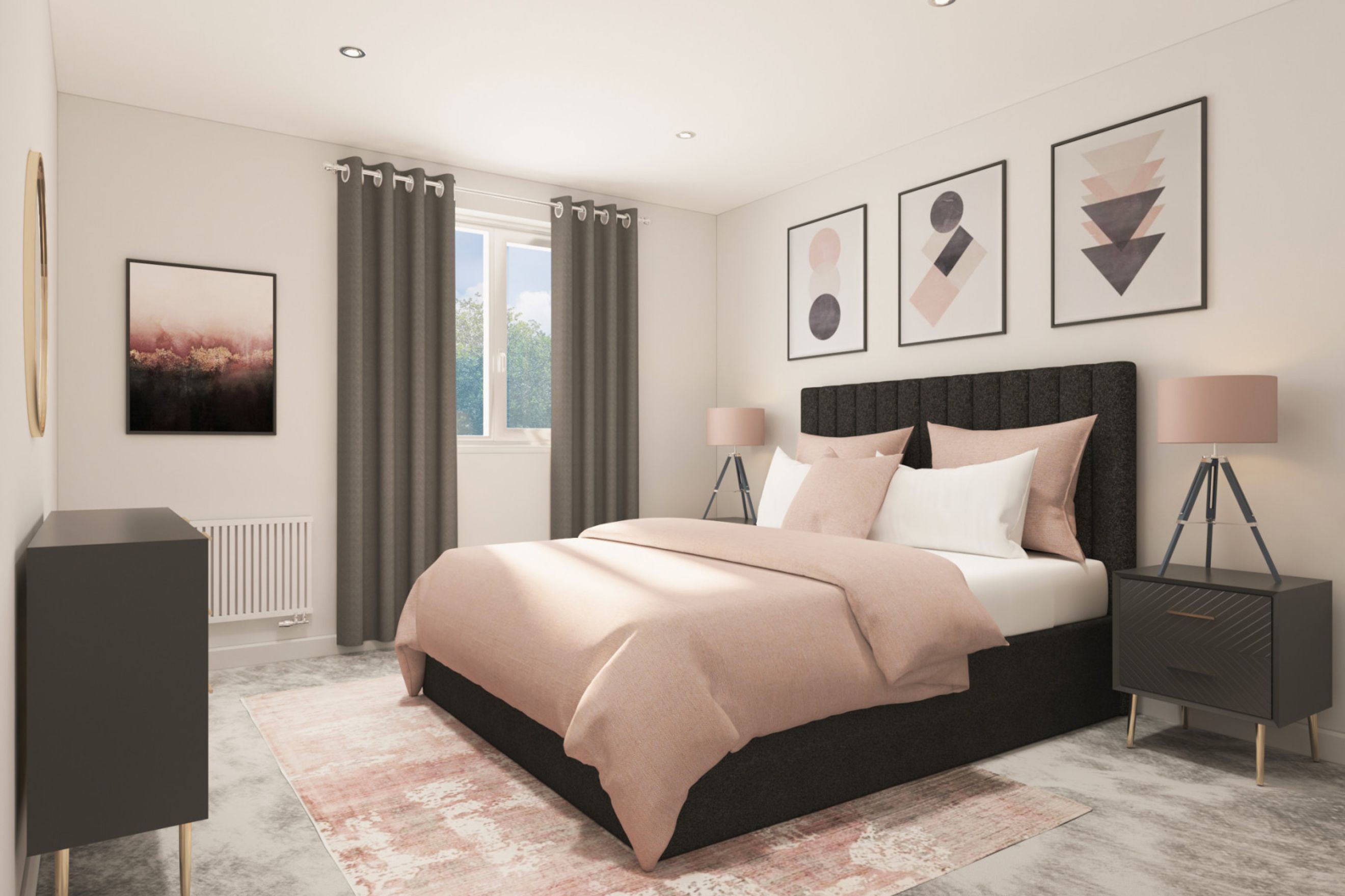 A bedroom with a bed, bedside tables, and artwork.