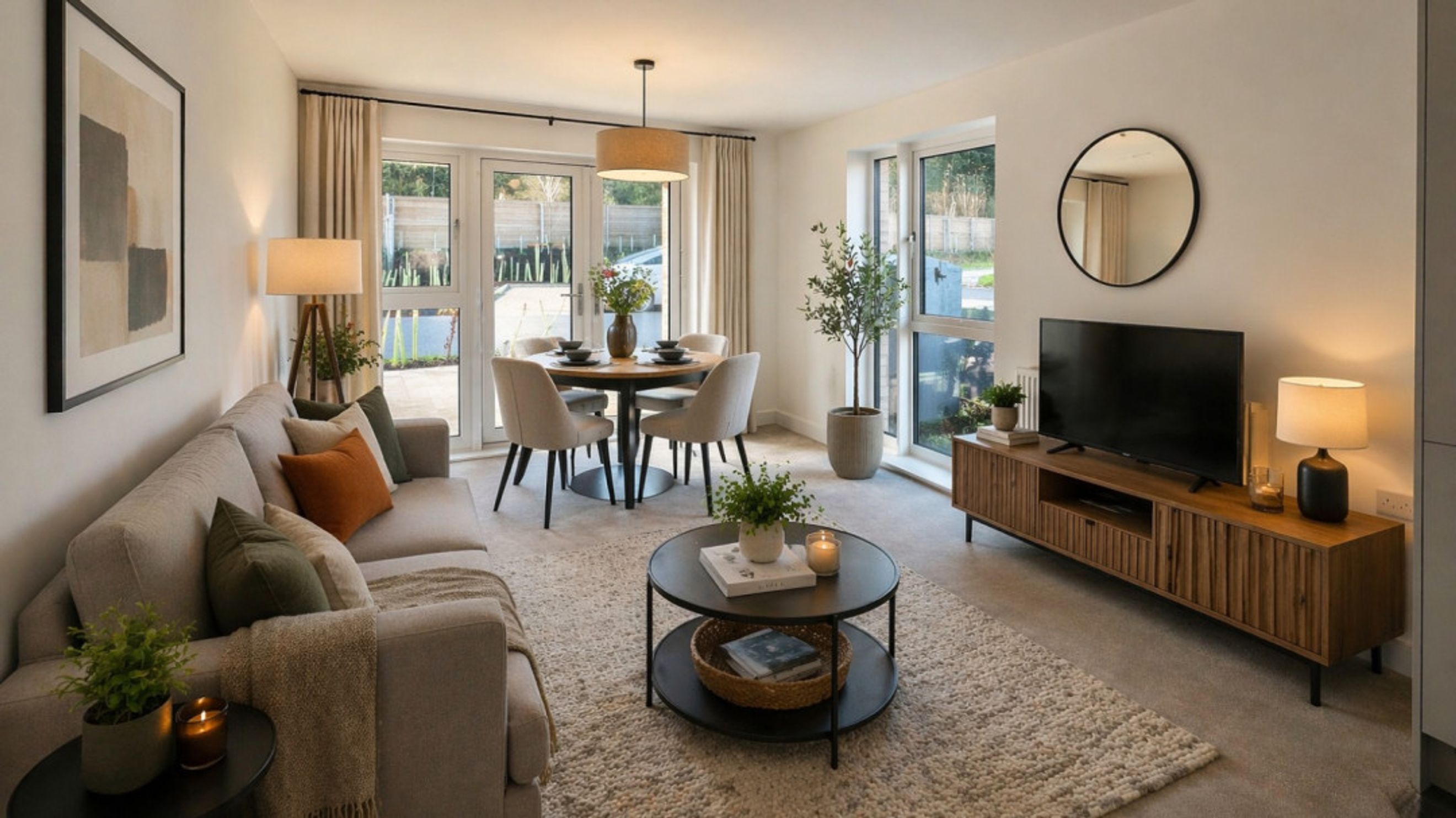 A living and dining room with a sofa, dining table, and television.
