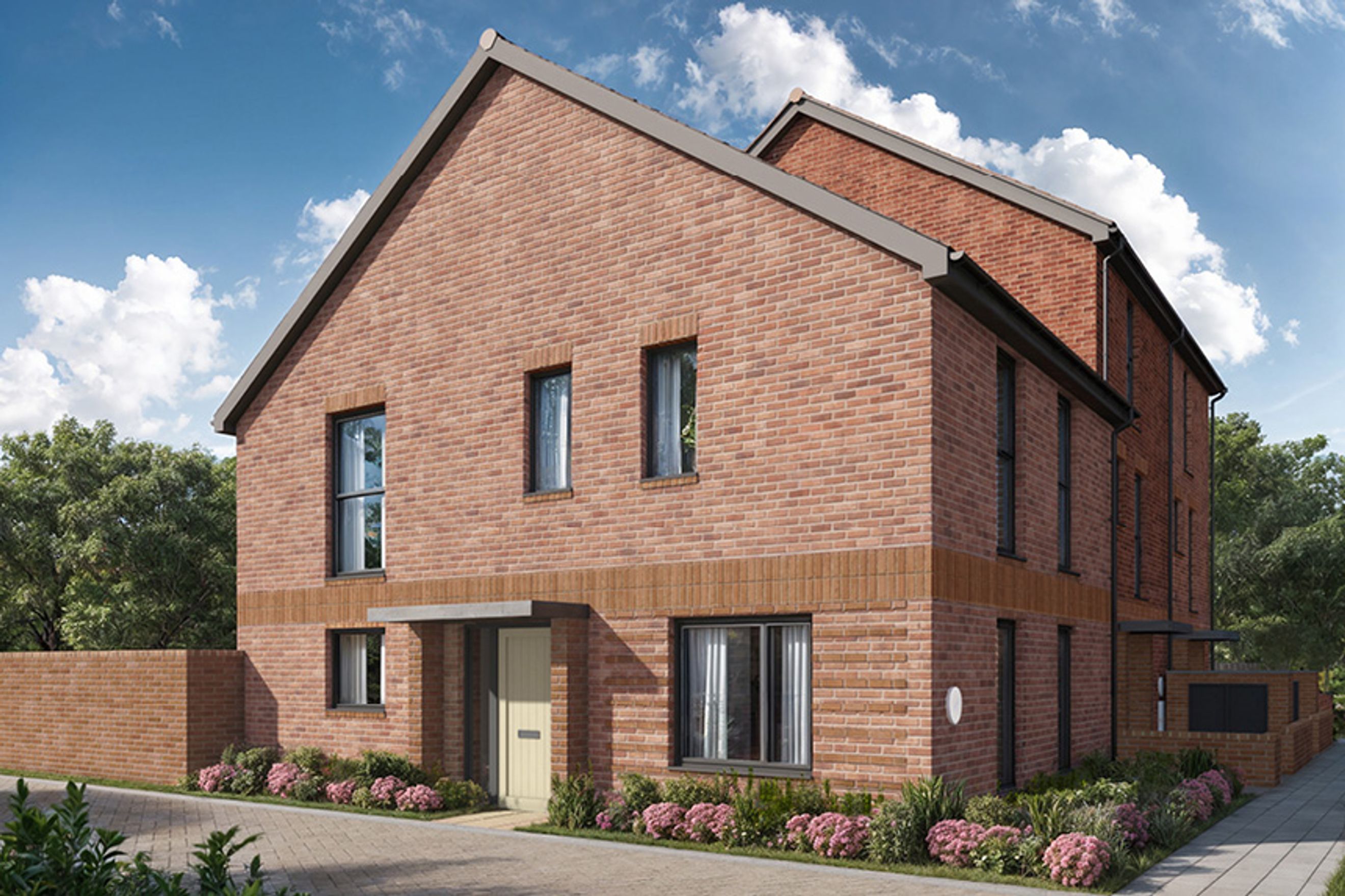 A brick house with a front door and windows.