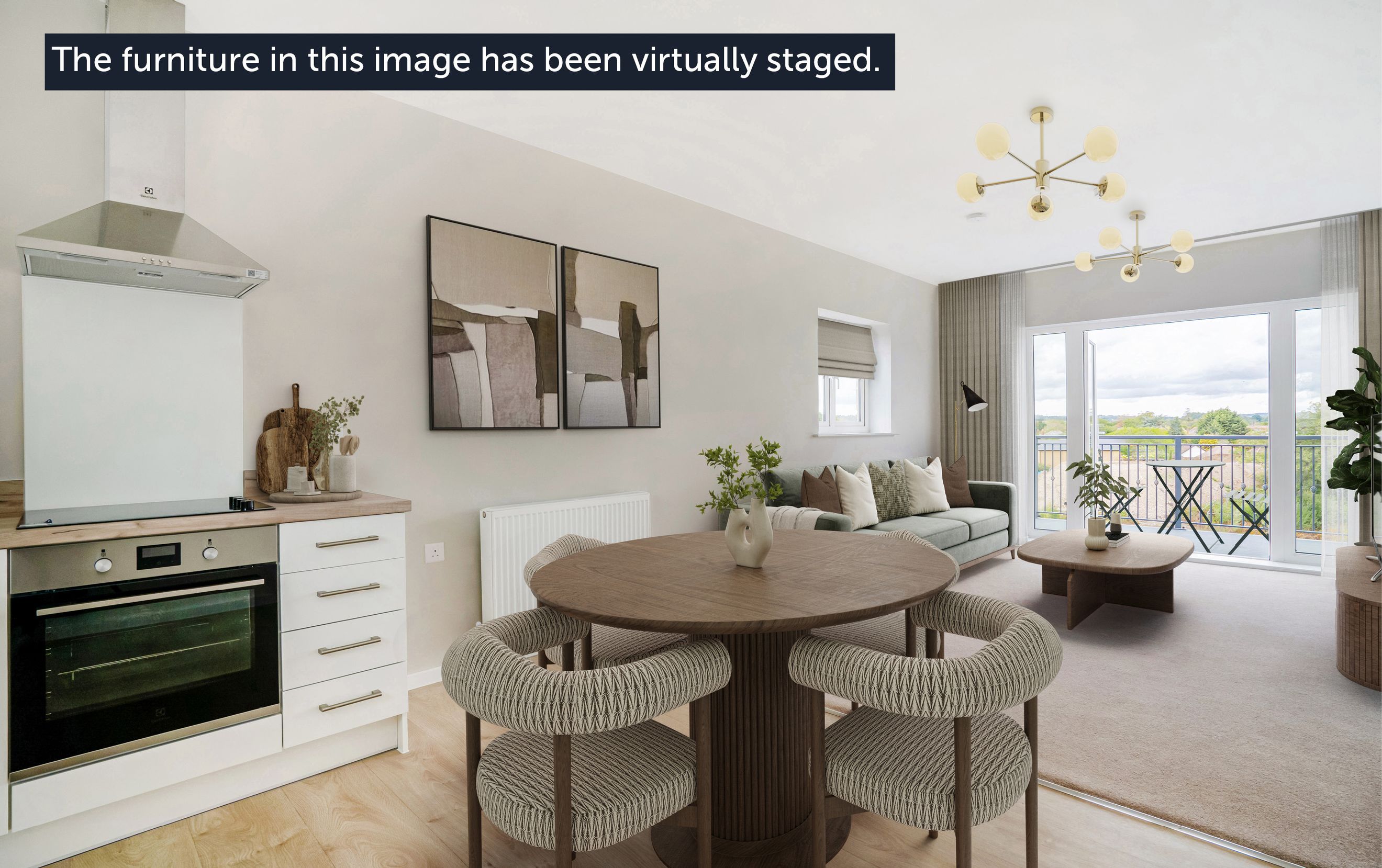 A living room and dining area with a kitchen, sofa, dining table, chairs, and a balcony.