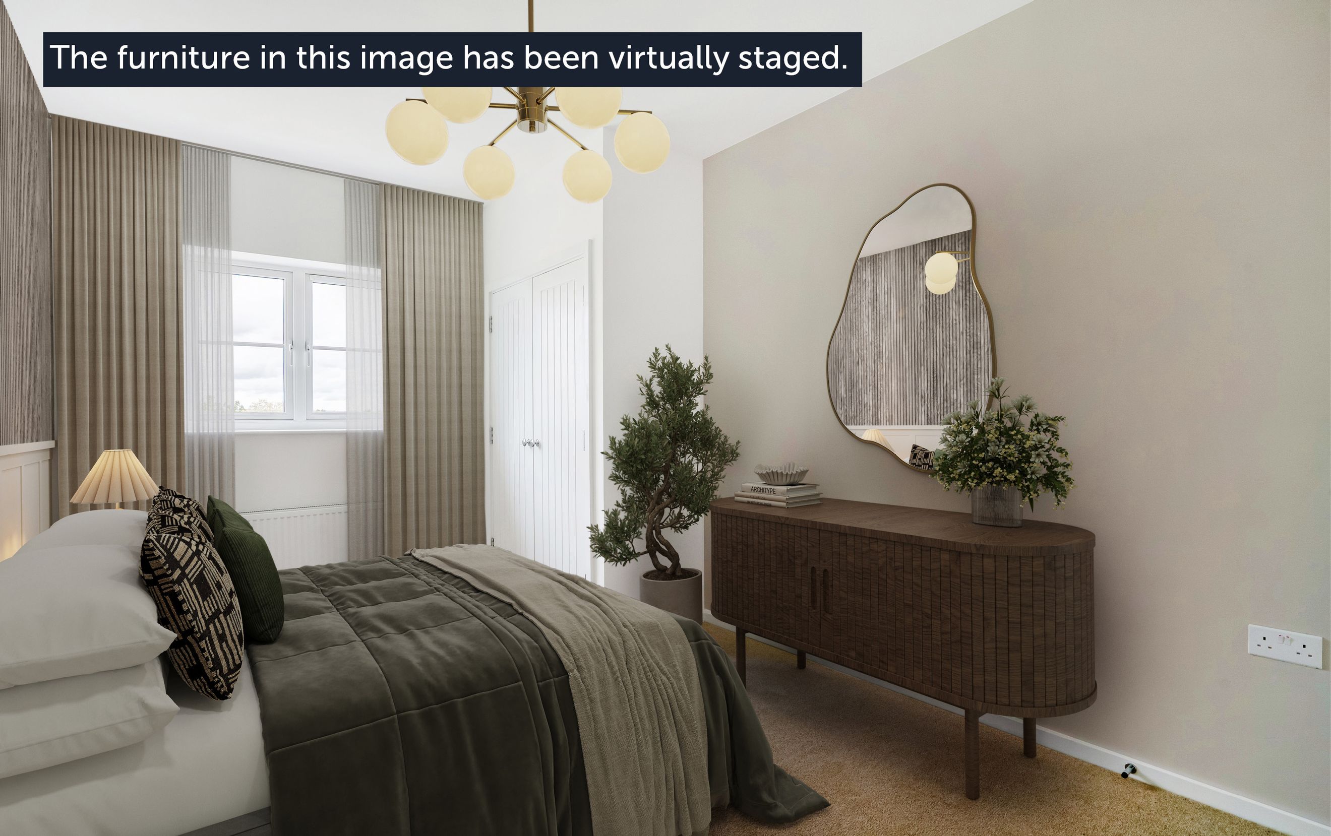 A bedroom with a bed, dresser, mirror, and chandelier.