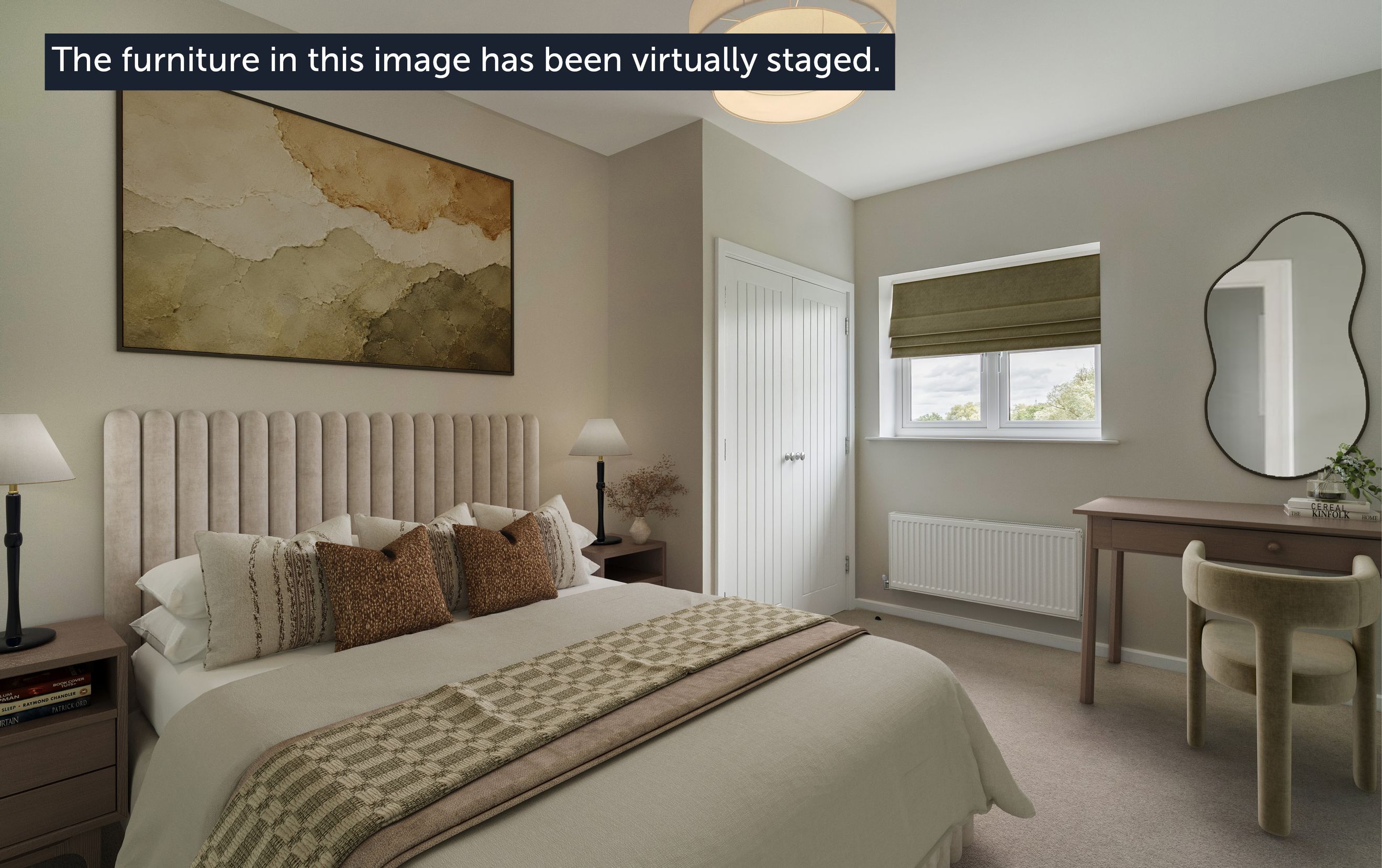 A bedroom with a bed, bedside tables, a dresser, and a window.