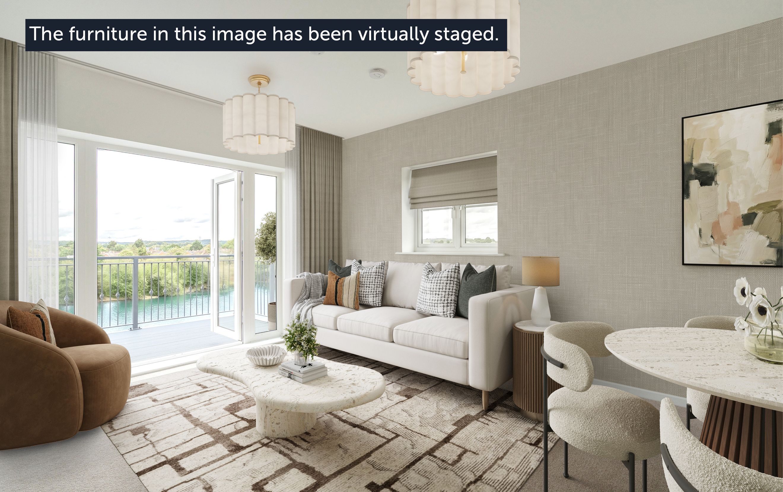 A living and dining area with a sofa, coffee table, dining set, and balcony doors.