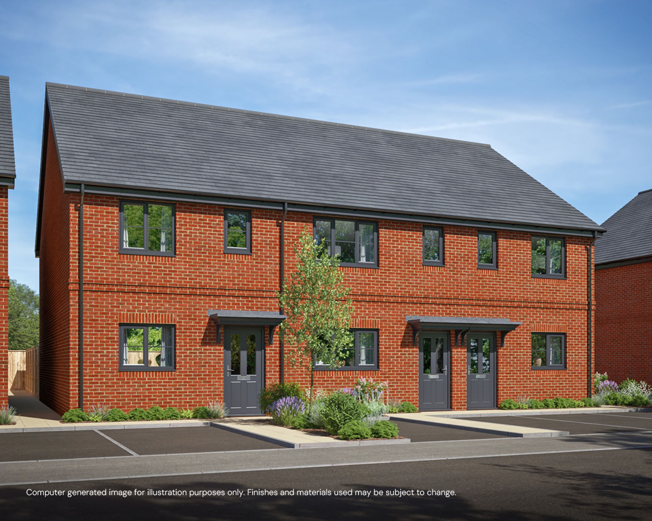 A row of new build red brick houses with grey roofs and doors.