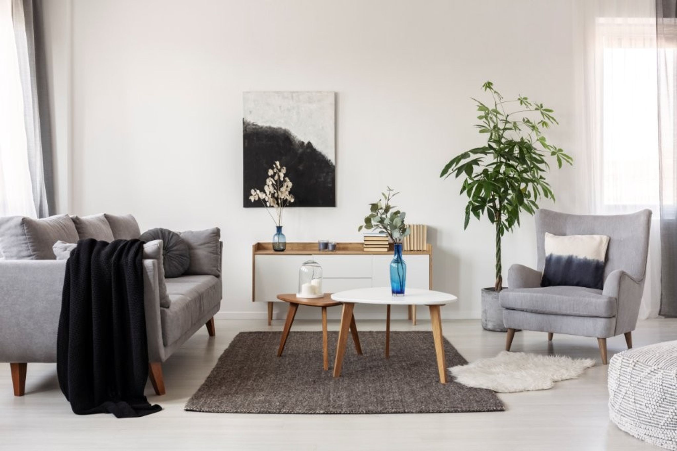 A living room with a grey sofa, armchair, coffee tables, and a plant.