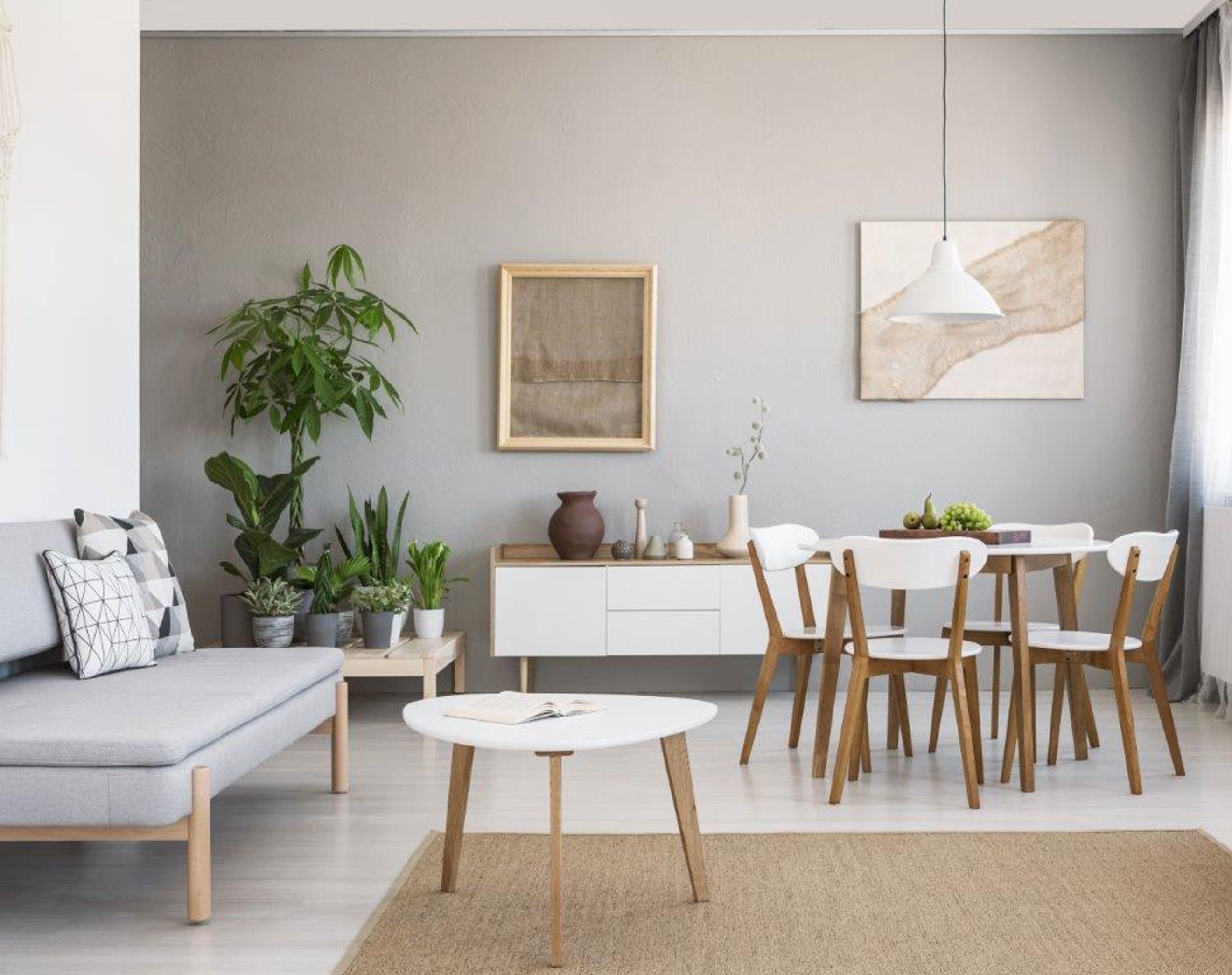 A living and dining area with a sofa, plants, a sideboard, and a dining table with chairs.