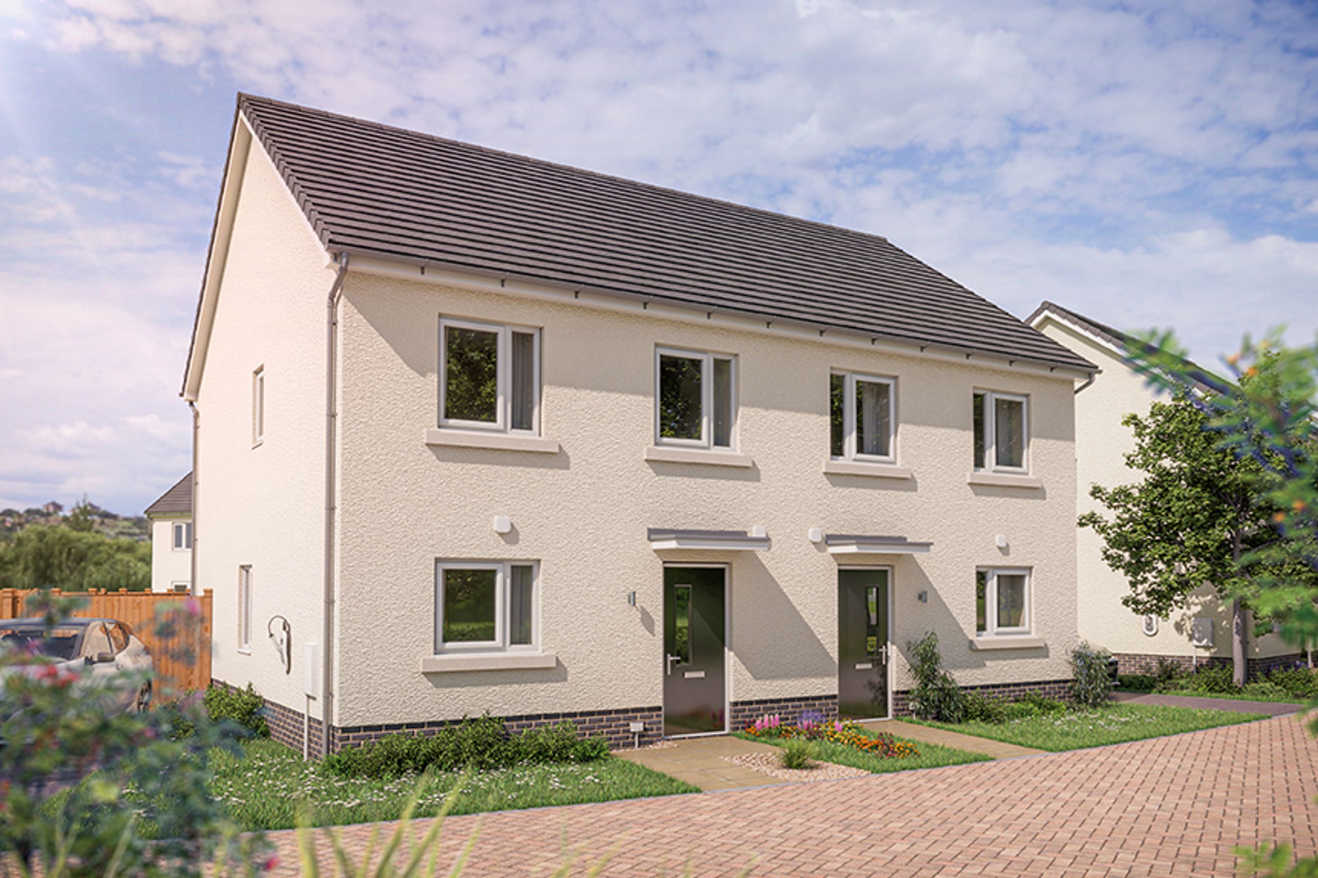 A semi-detached house with white stucco walls, dark tiled roof, and multiple windows.