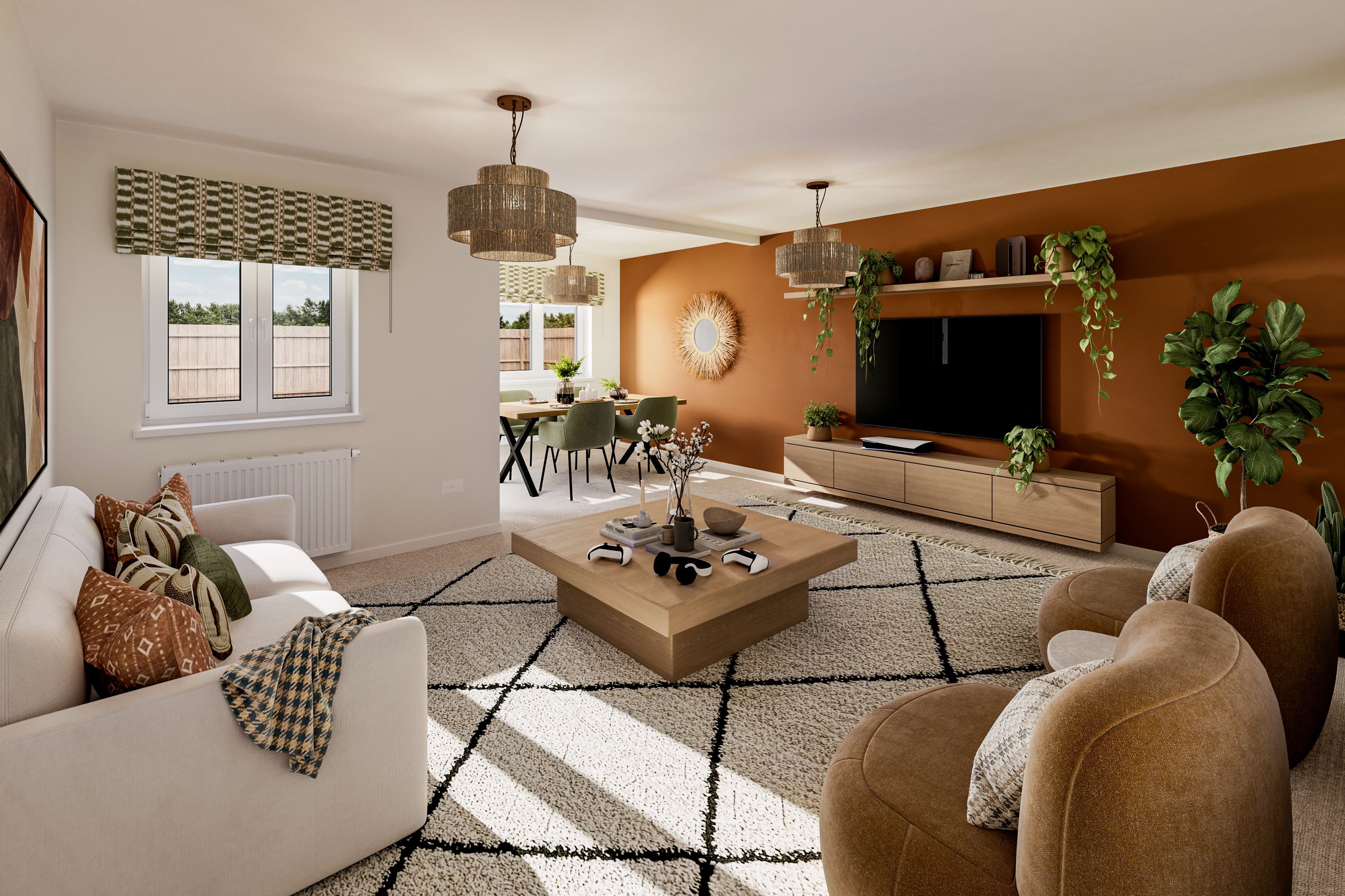 A living room and dining area with a sofa, coffee table, dining table, and television.