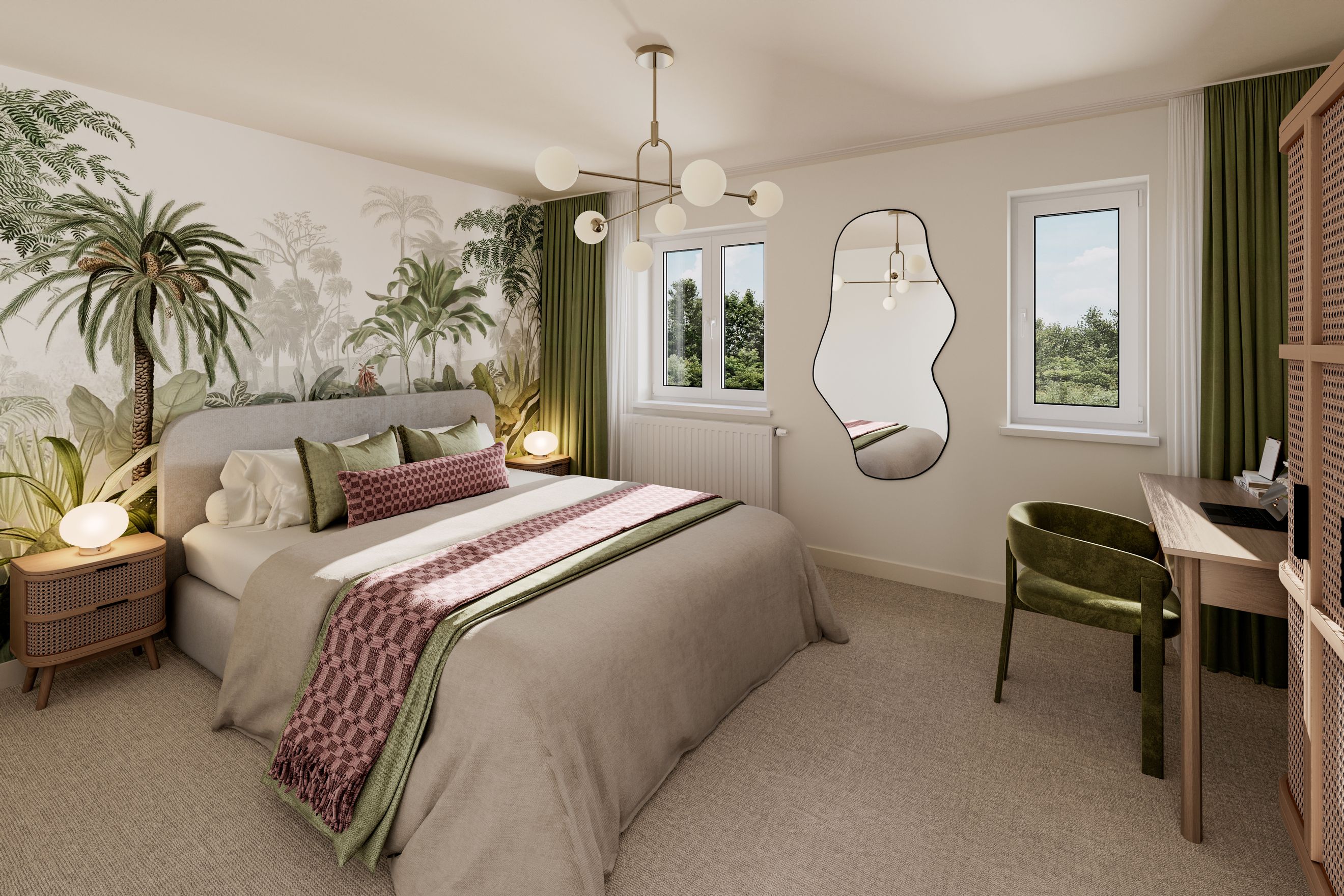A bedroom with a bed, wallpaper, a desk, and a chair.