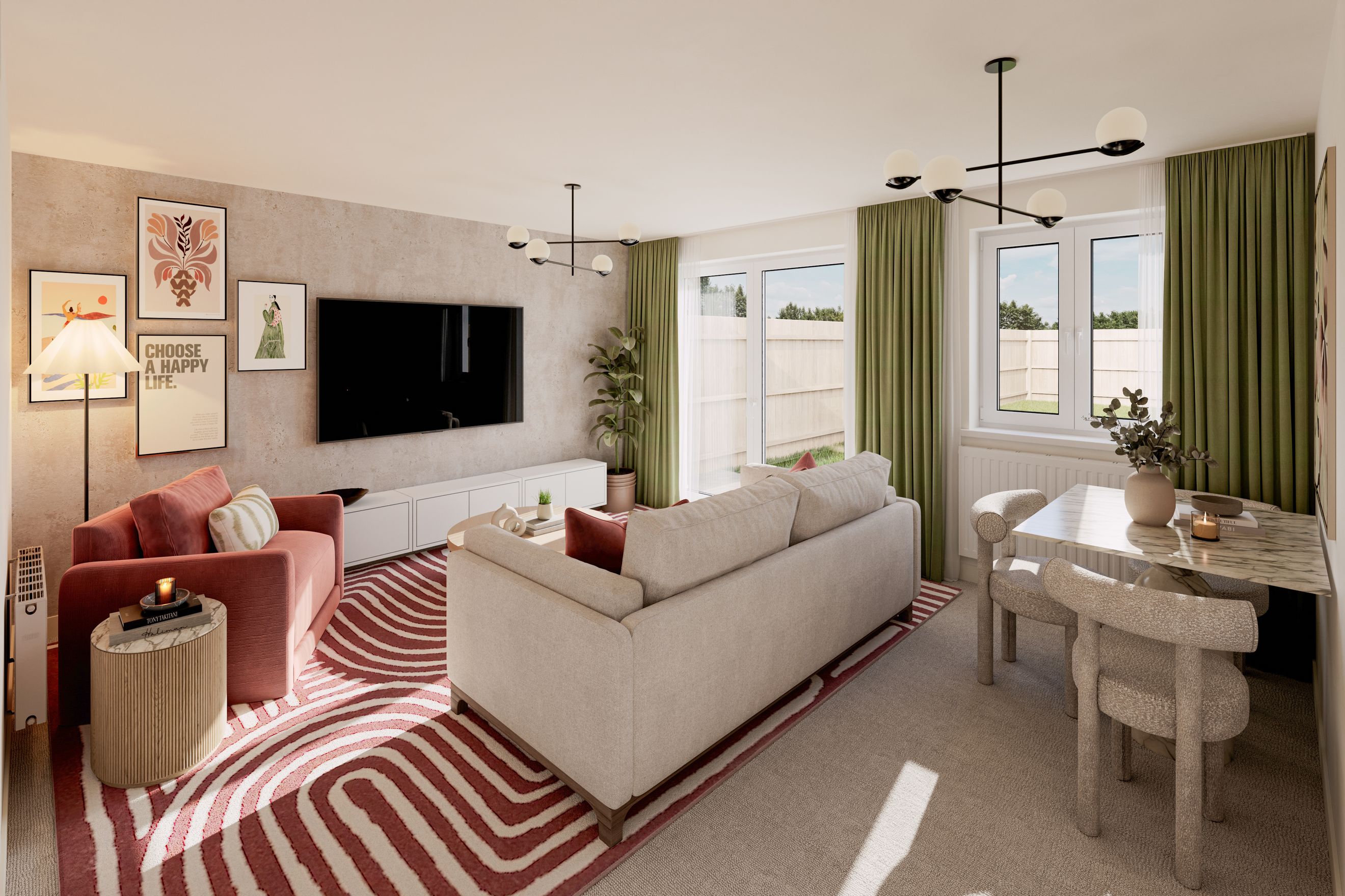 A living room with a sofa, armchair, rug, and artwork.